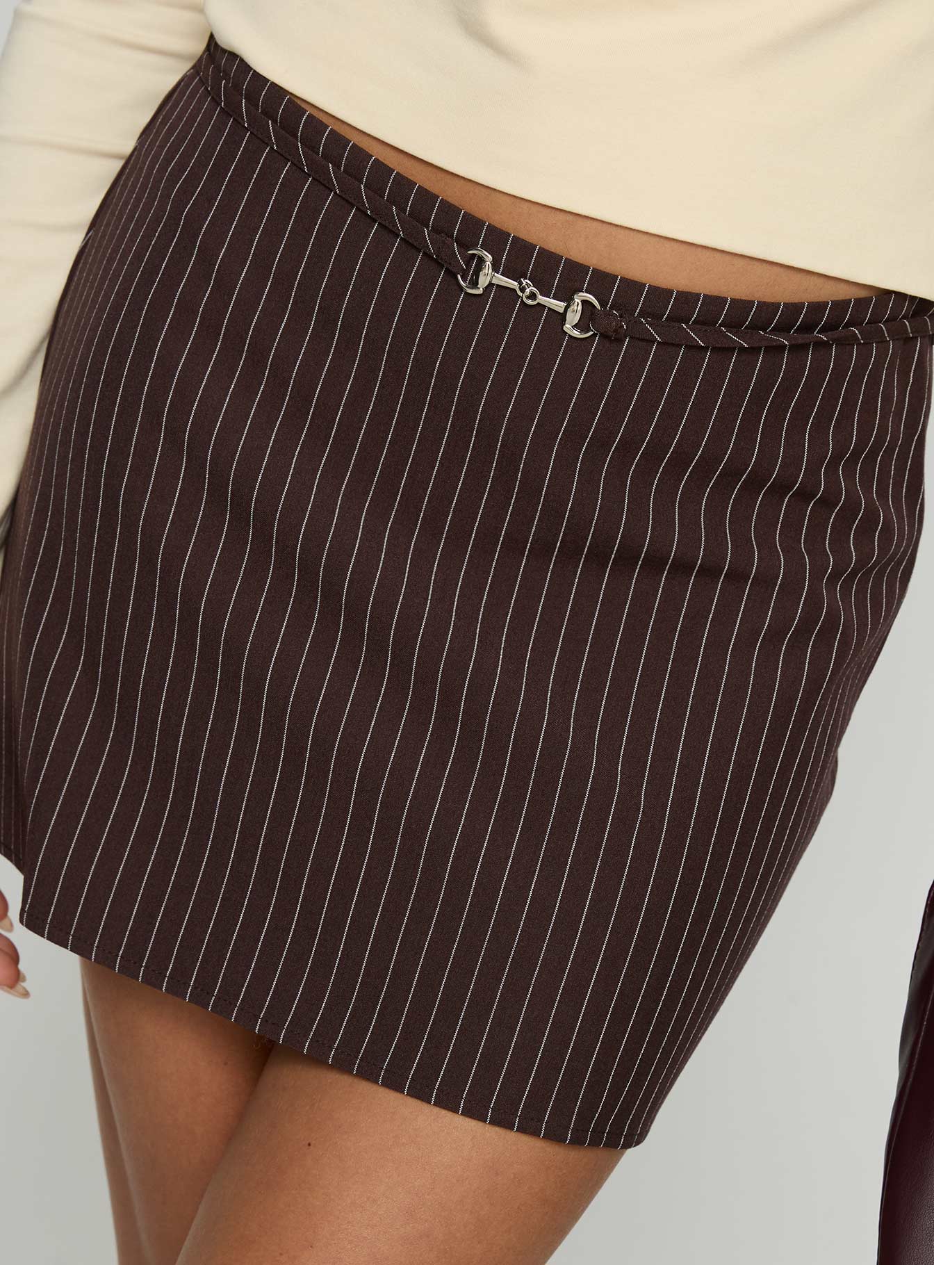 Yellena Buckle Mini Skirt Brown Pinstripe - Image 6