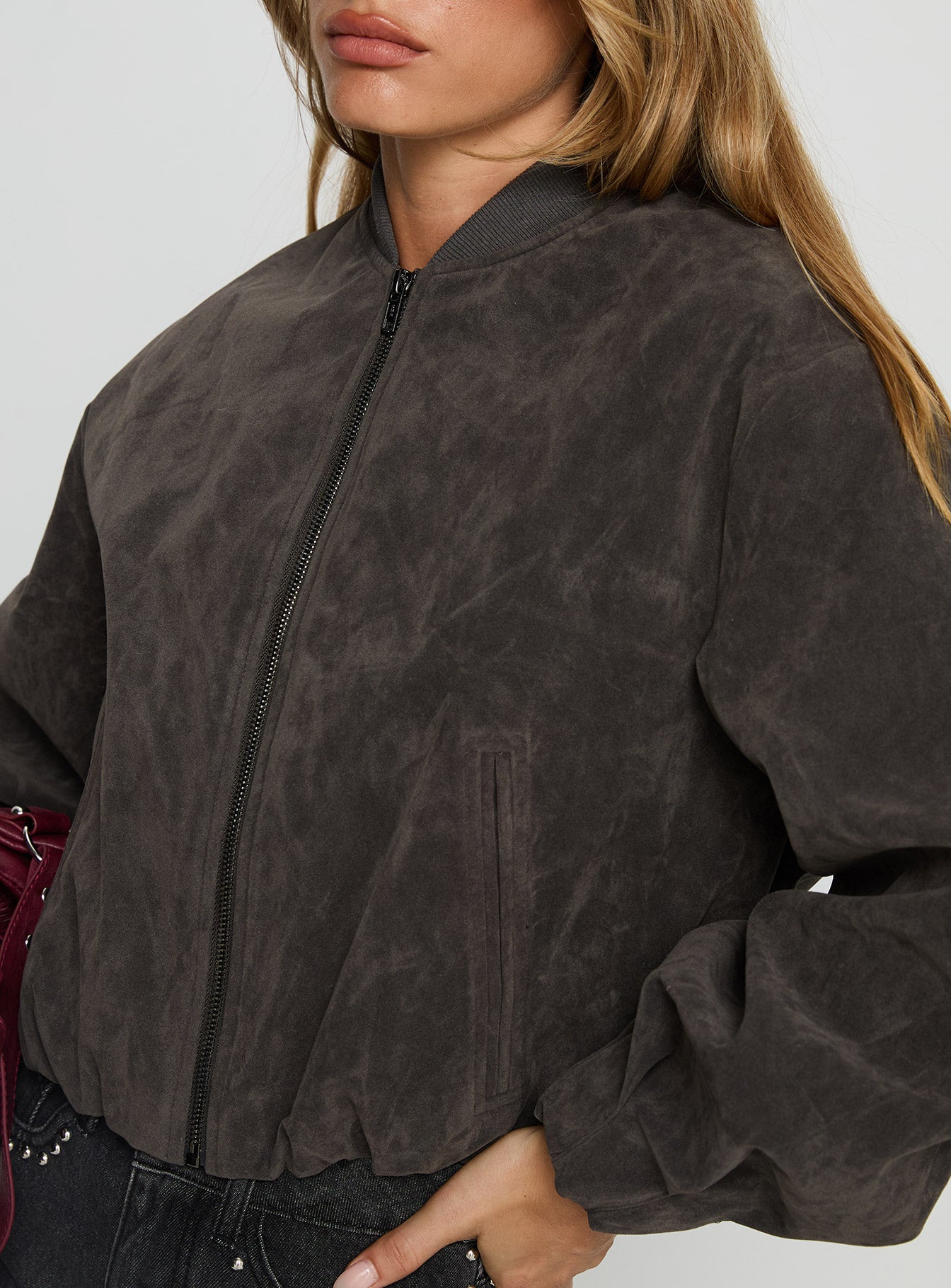 Mastery Faux Suede Bomber Jacket Charcoal - Image 6