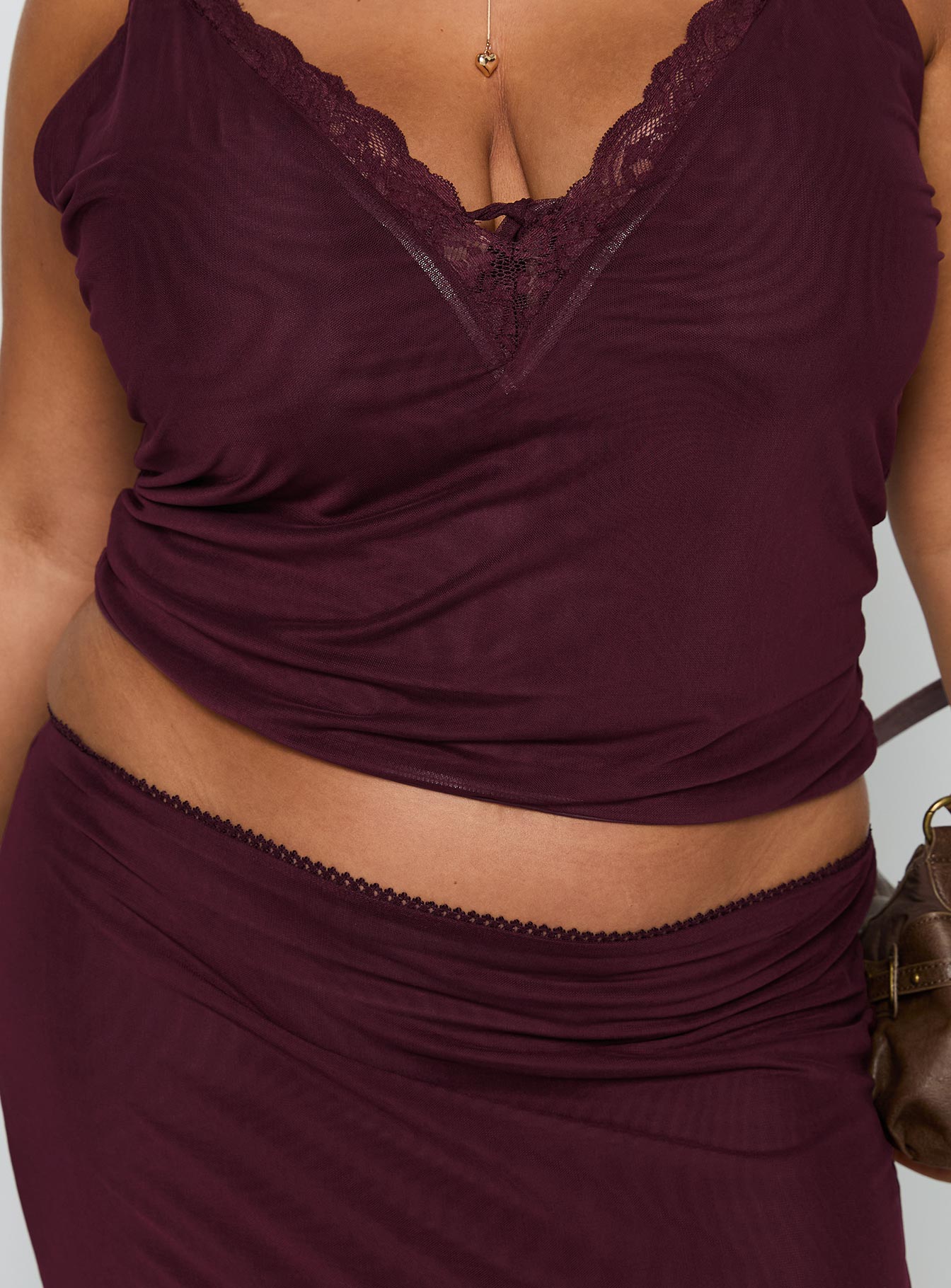 Reiko Lace Trim Tie Front Maxi Set Burgundy Curve - Image 6