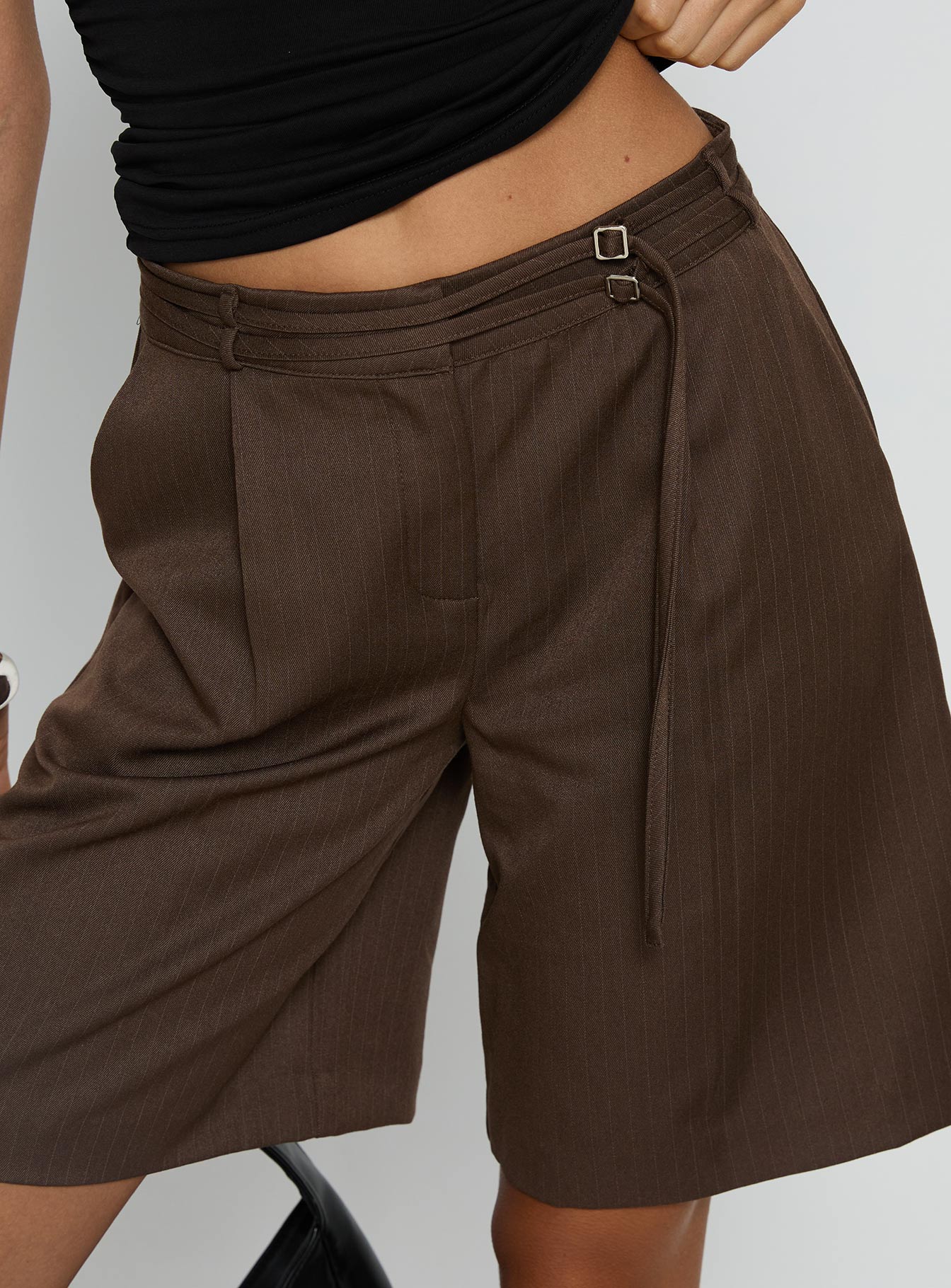 Lorina Tailored Longline Shorts Brown Pinstripe - Image 7
