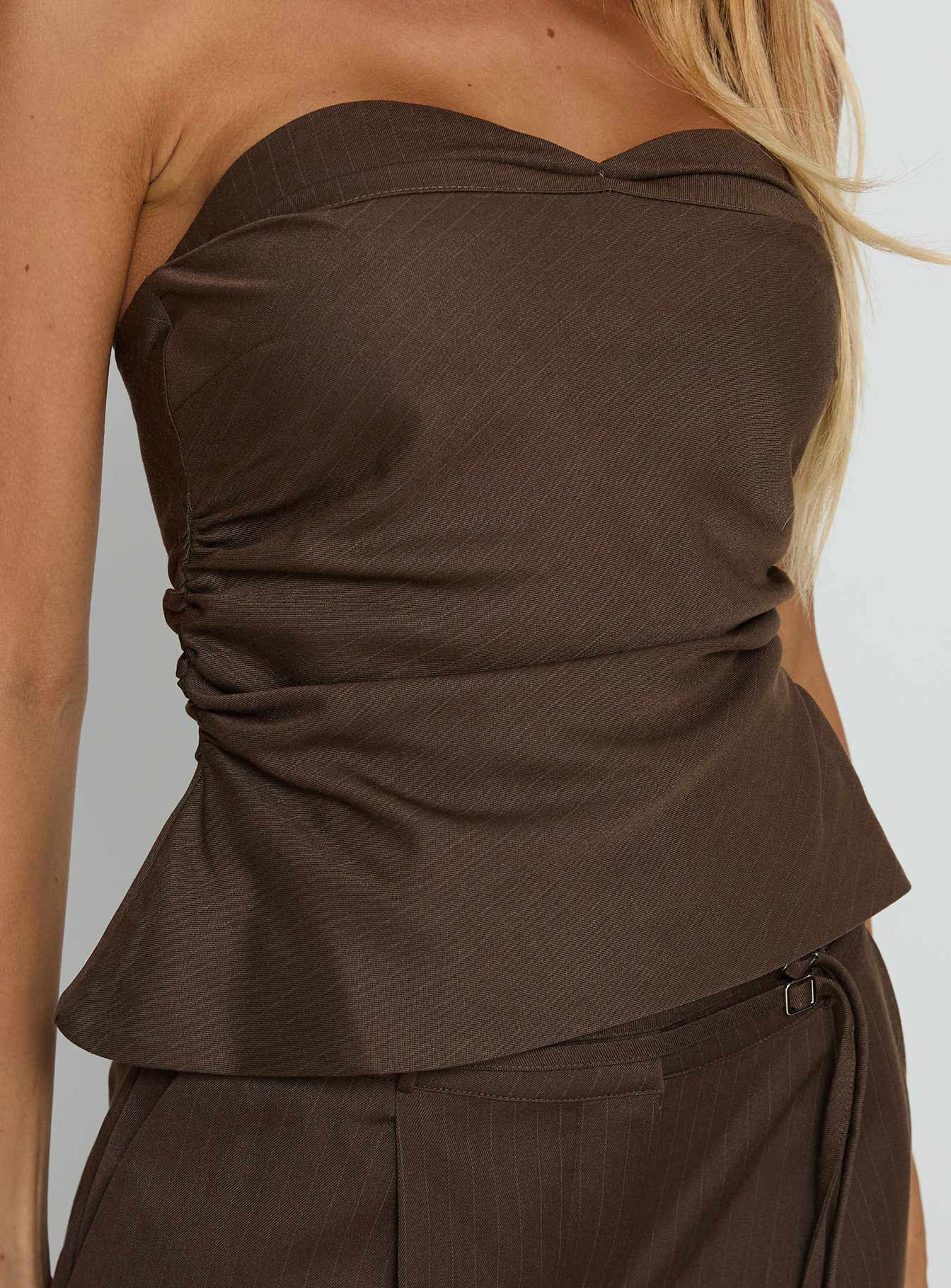 Keighly Strapless Draped Top Brown Pinstripe - Image 6
