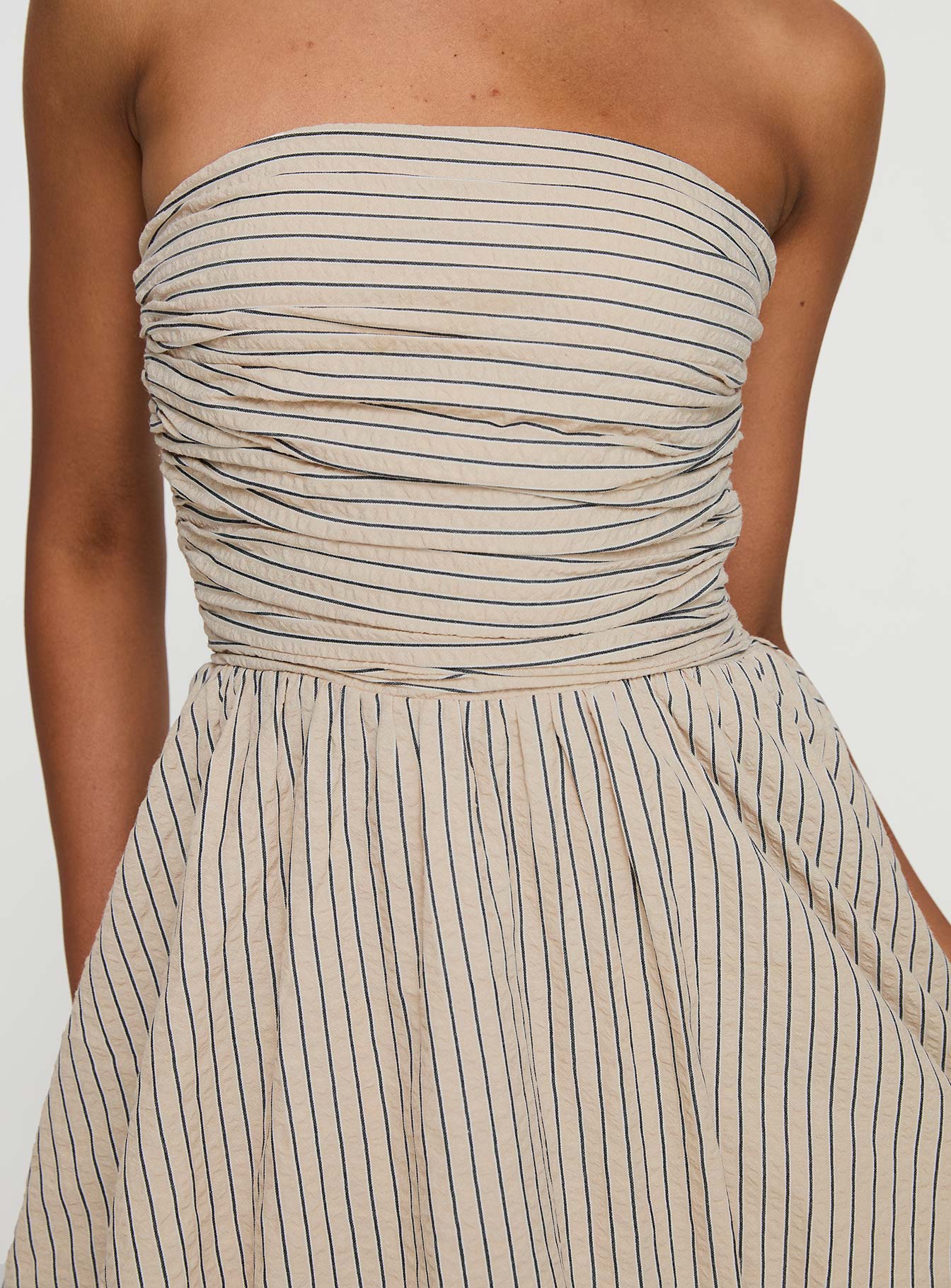 Quinette Strapless Bubble Hem Mini Dress Beige Stripe - Image 5