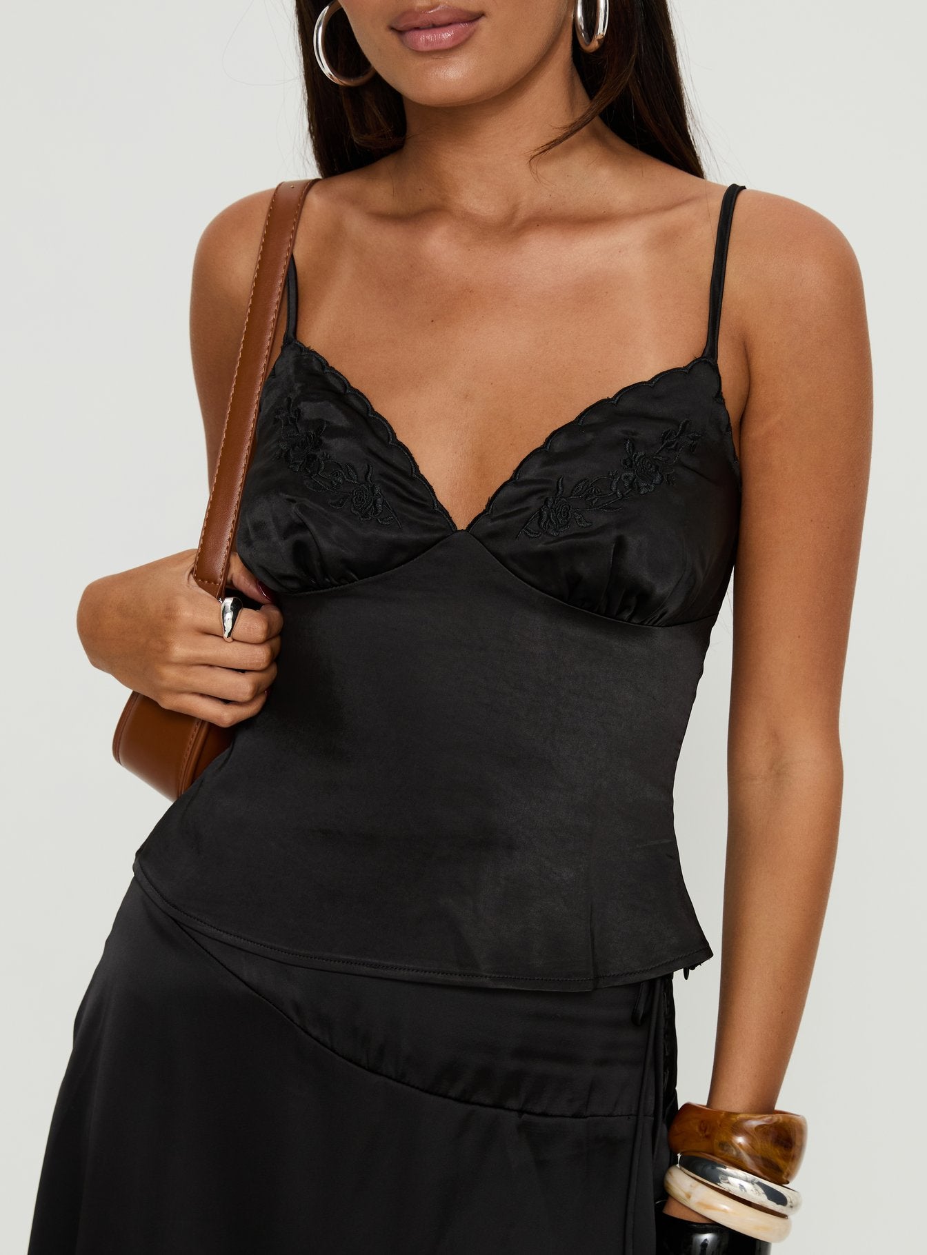 Aruba Satin Embroidered Cami Top Black - Image 6