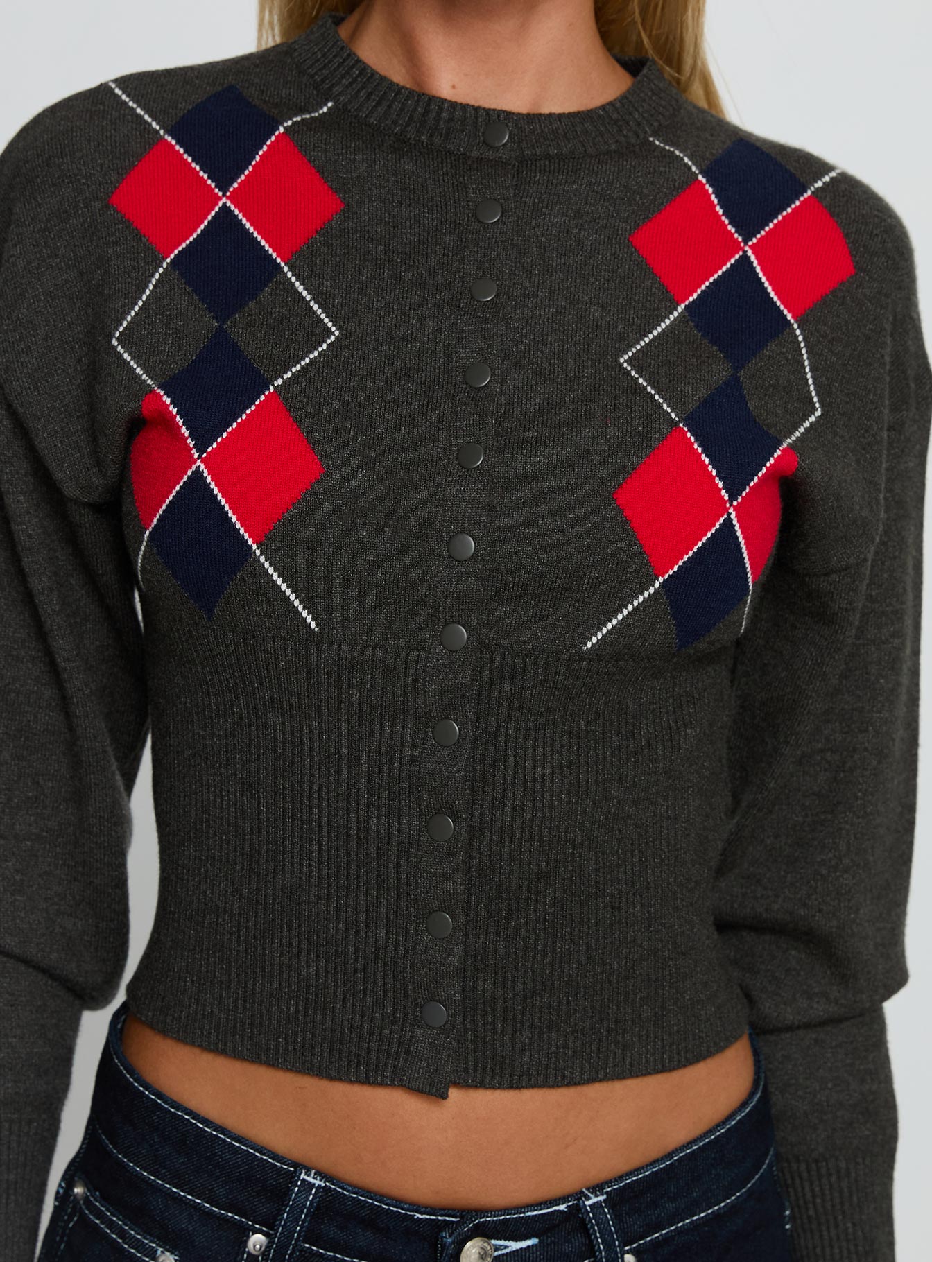 Head In The Clouds Knit Cardigan Grey Argyle - Image 6