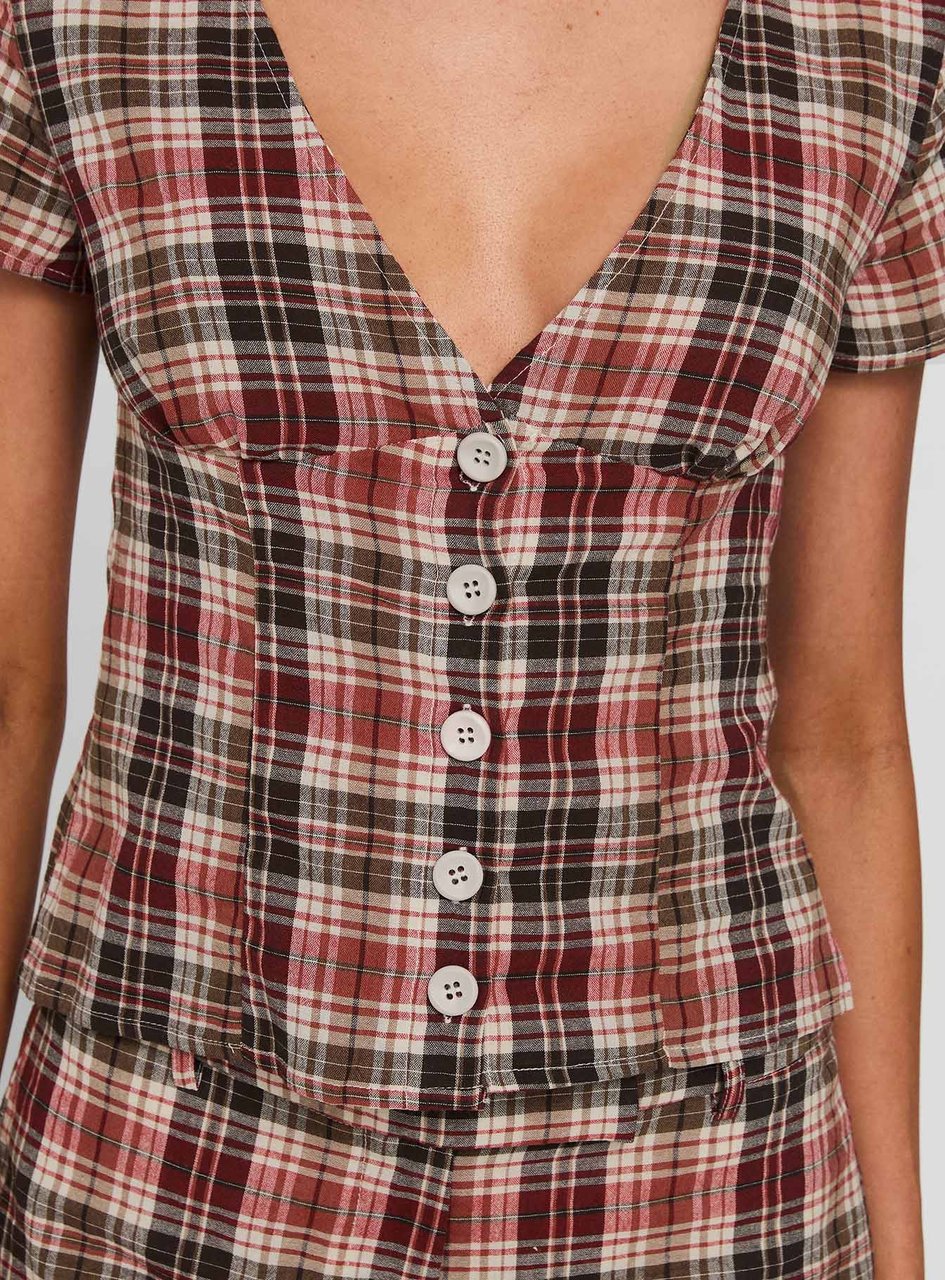 Odera Button Up Blouse Top Red Check - Image 6