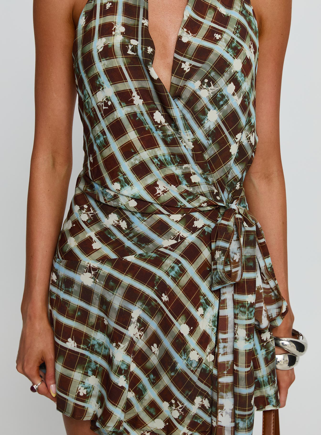 Brissa Halter Wrap Mini Dress Brown Multi - Image 5