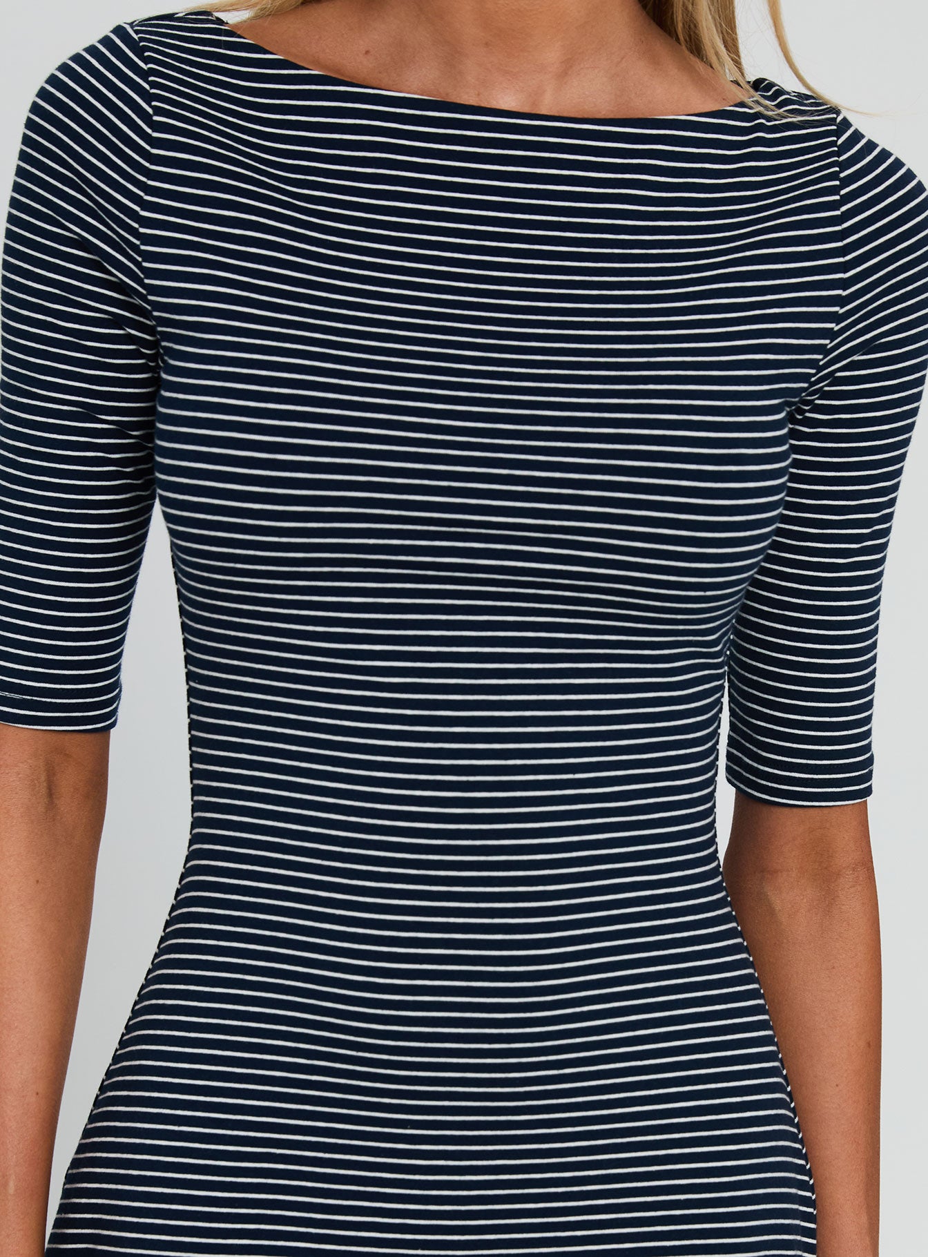 Evyna Boat Neck 3/4 Sleeve Mini Dress Navy Stripe - Image 6