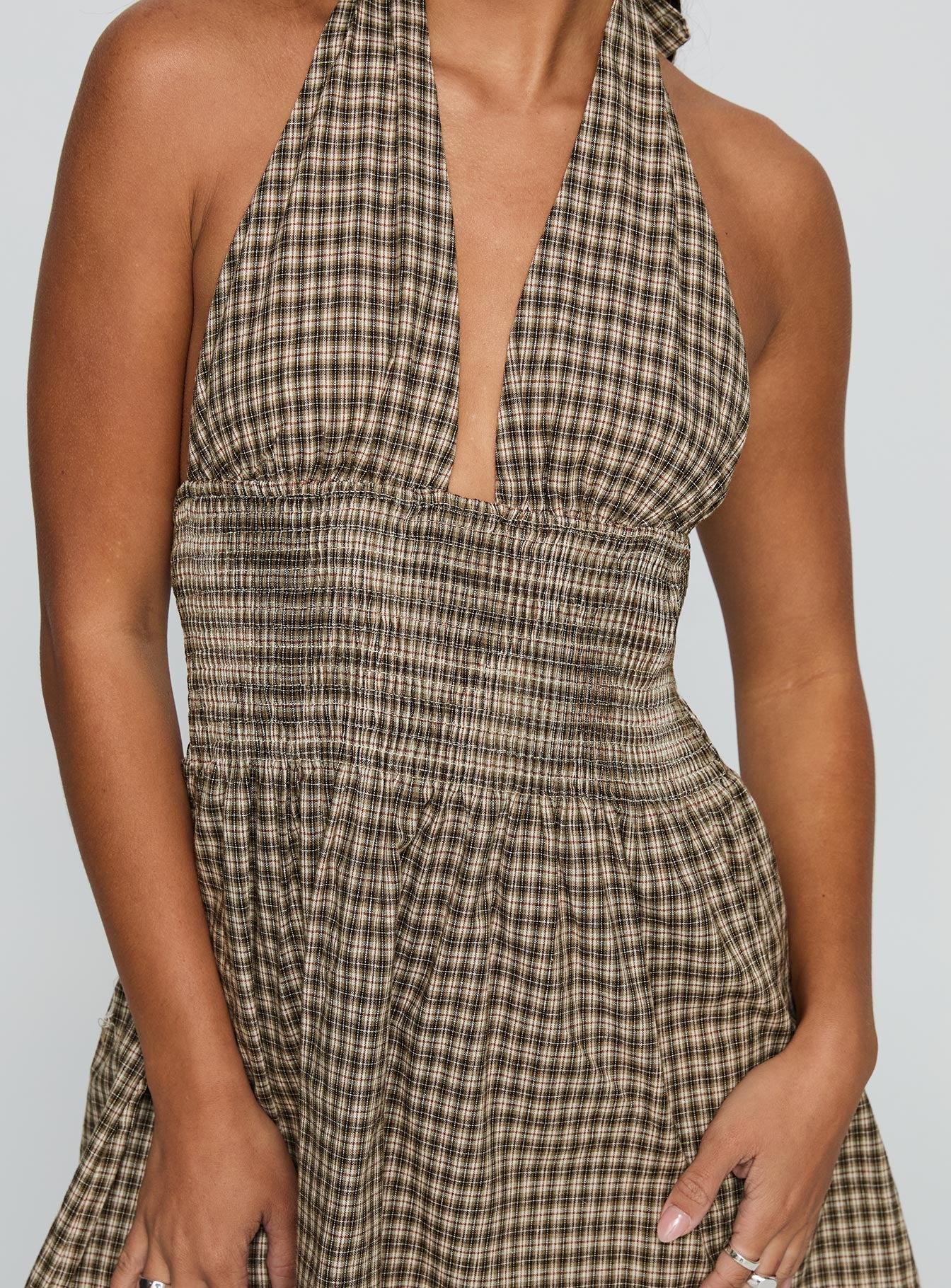 Juanette Halter Mini Dress Brown Check - Image 6