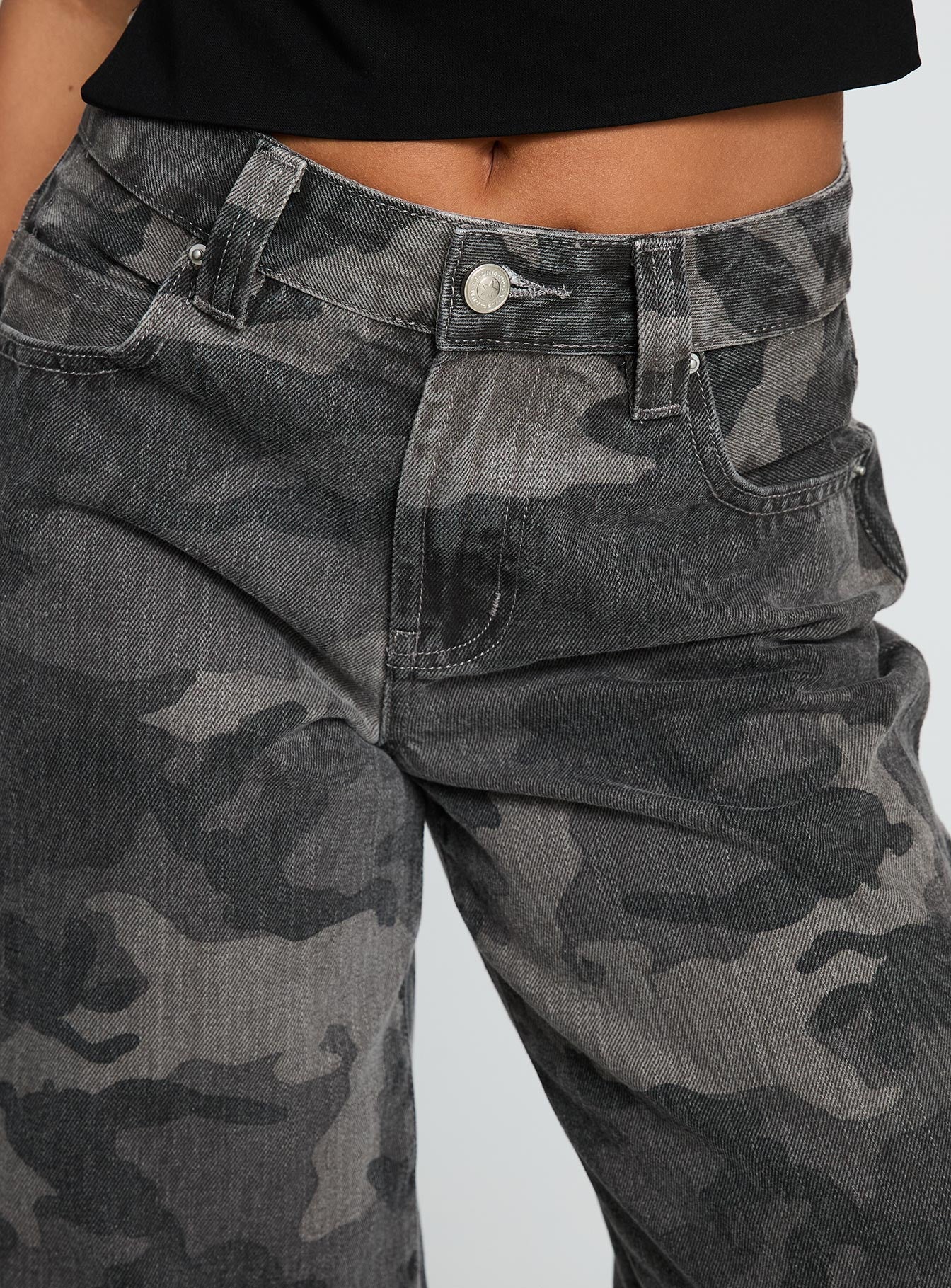 Big Talk Mid Rise Straight Leg Jeans Grey Washed Camo - Image 6