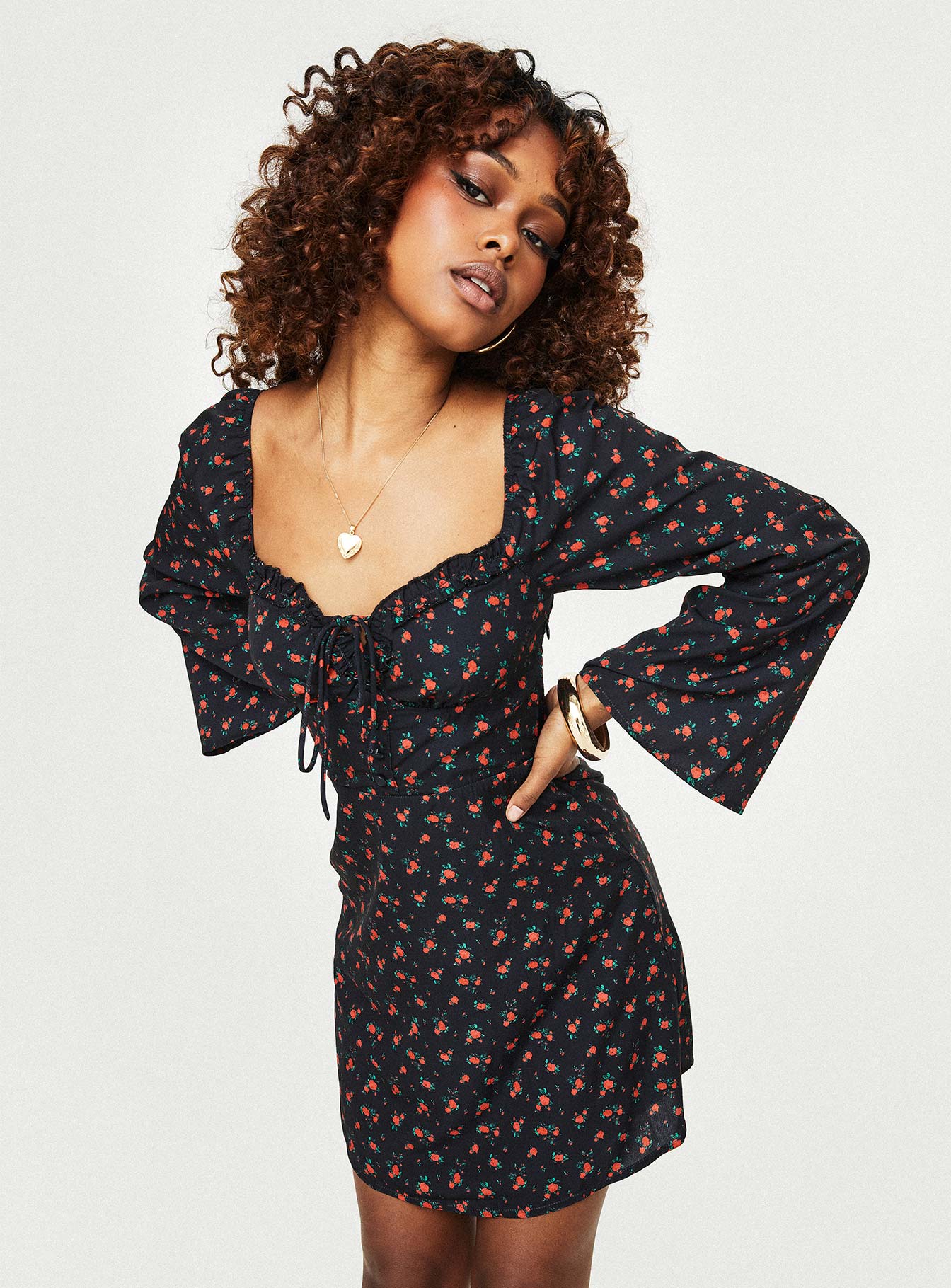 Love Birds Long Sleeve Mini Dress Black / Red Floral - Image 6