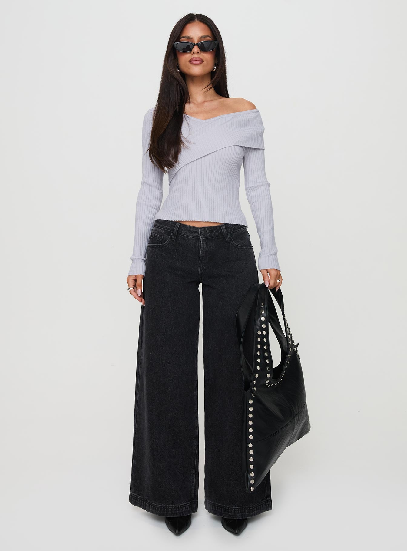 Ribbon Stamp Low Rise Wide Leg Jeans Washed Black - Image 7