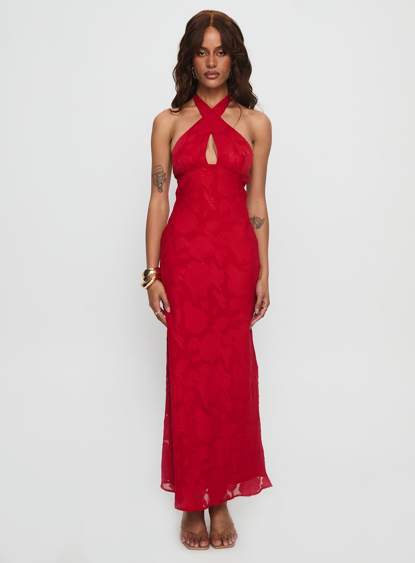 Ending Credits Halter Twist Maxi Dress Red Burnout - Image 6