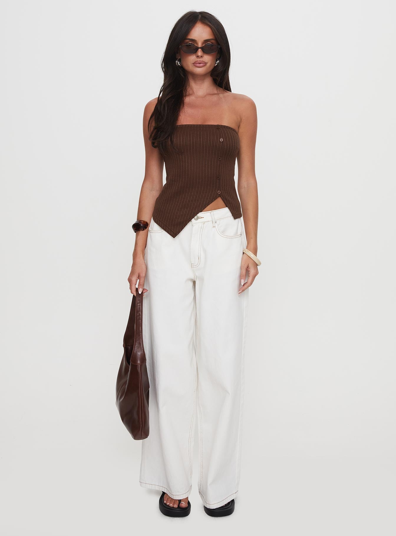 Slow Down Time Strapless Button Detail Top Chocolate - Image 6