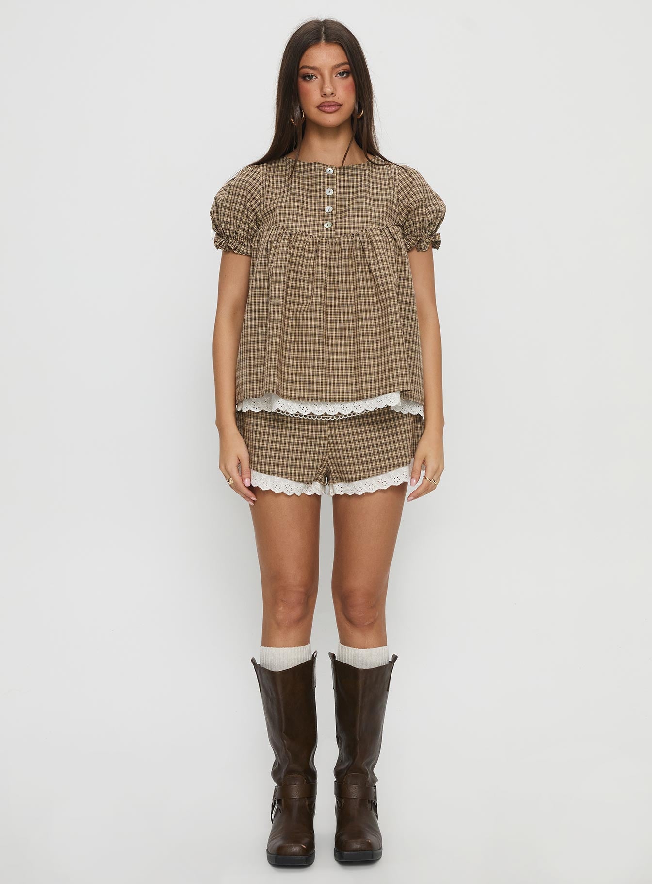 Chandelier Babydoll Top Brown Check - Image 7