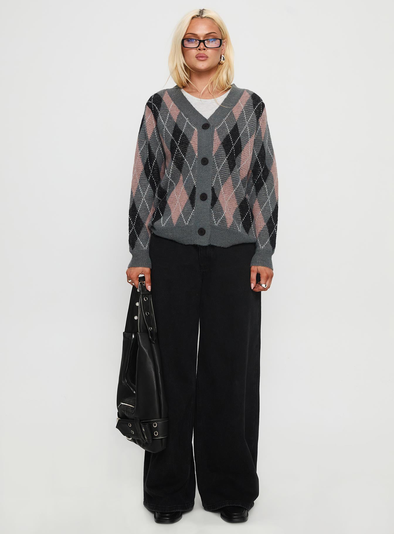 Zeeva Button Through Knit Cardigan Grey Argyle - Image 7