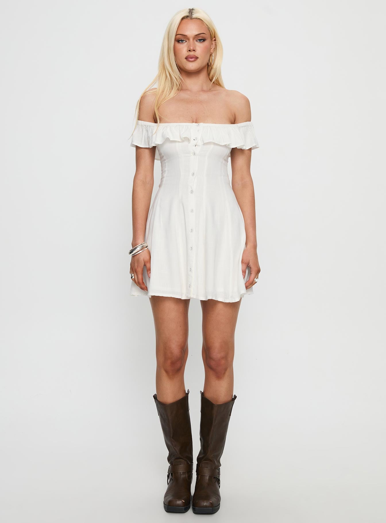 Corail Off Shoulder Frill Mini Dress White - Image 7