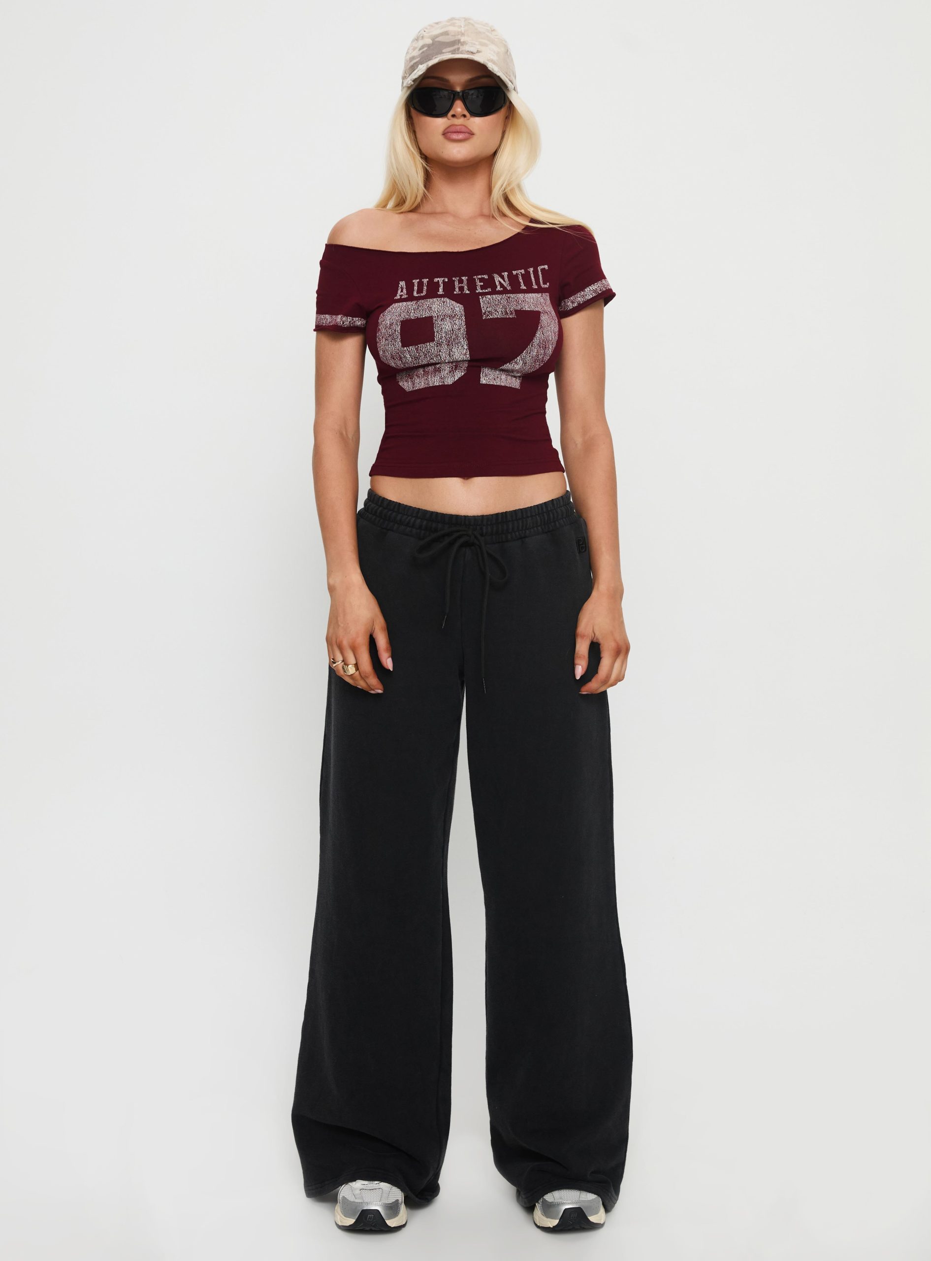 97 Authentic Off Shoulder Graphic Top Maroon - Image 7