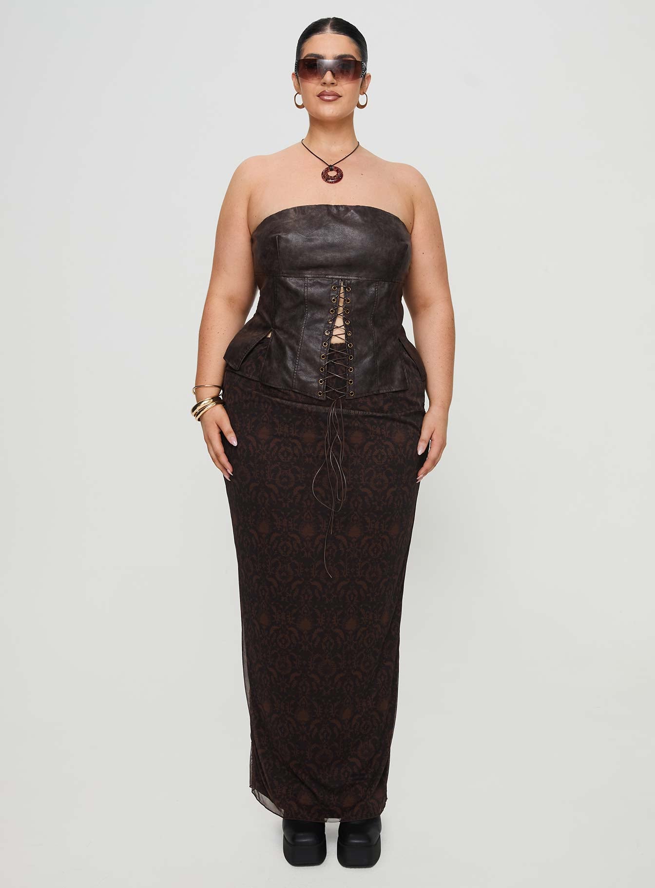 Afraid Strapless Faux Leather Top Brown Curve - Image 7