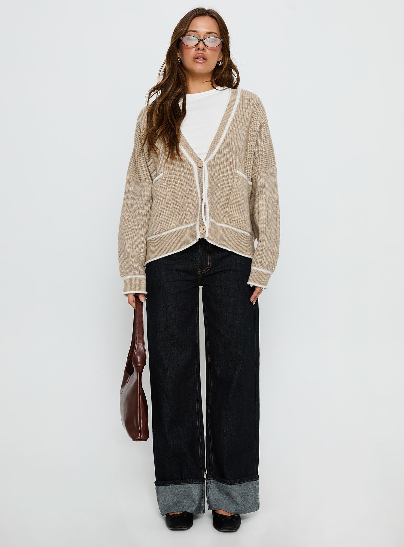 Cressara Contrast Knit Cardigan Beige / White - Image 7