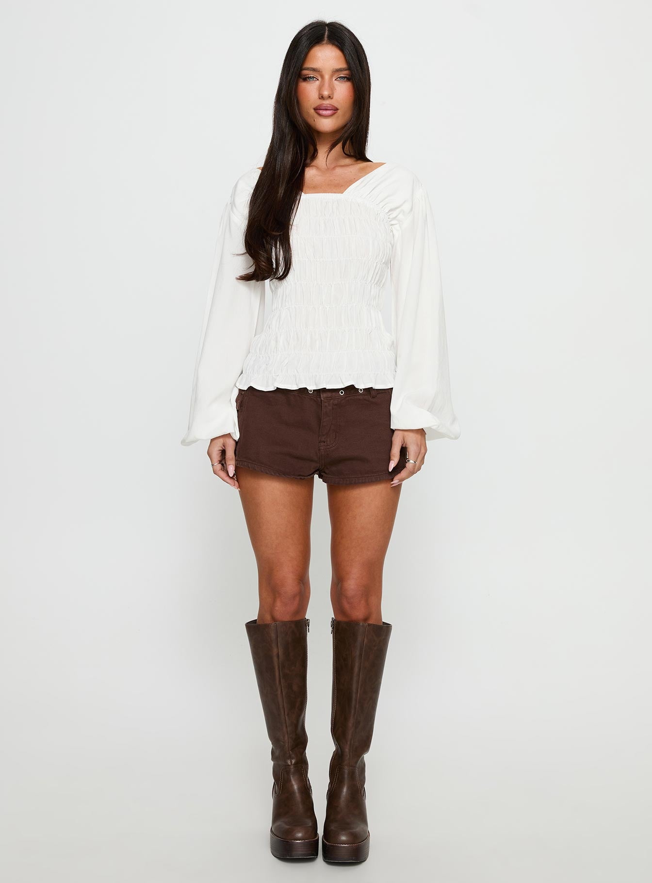 Lynnea Long Sleeve Shirred Top White - Image 7
