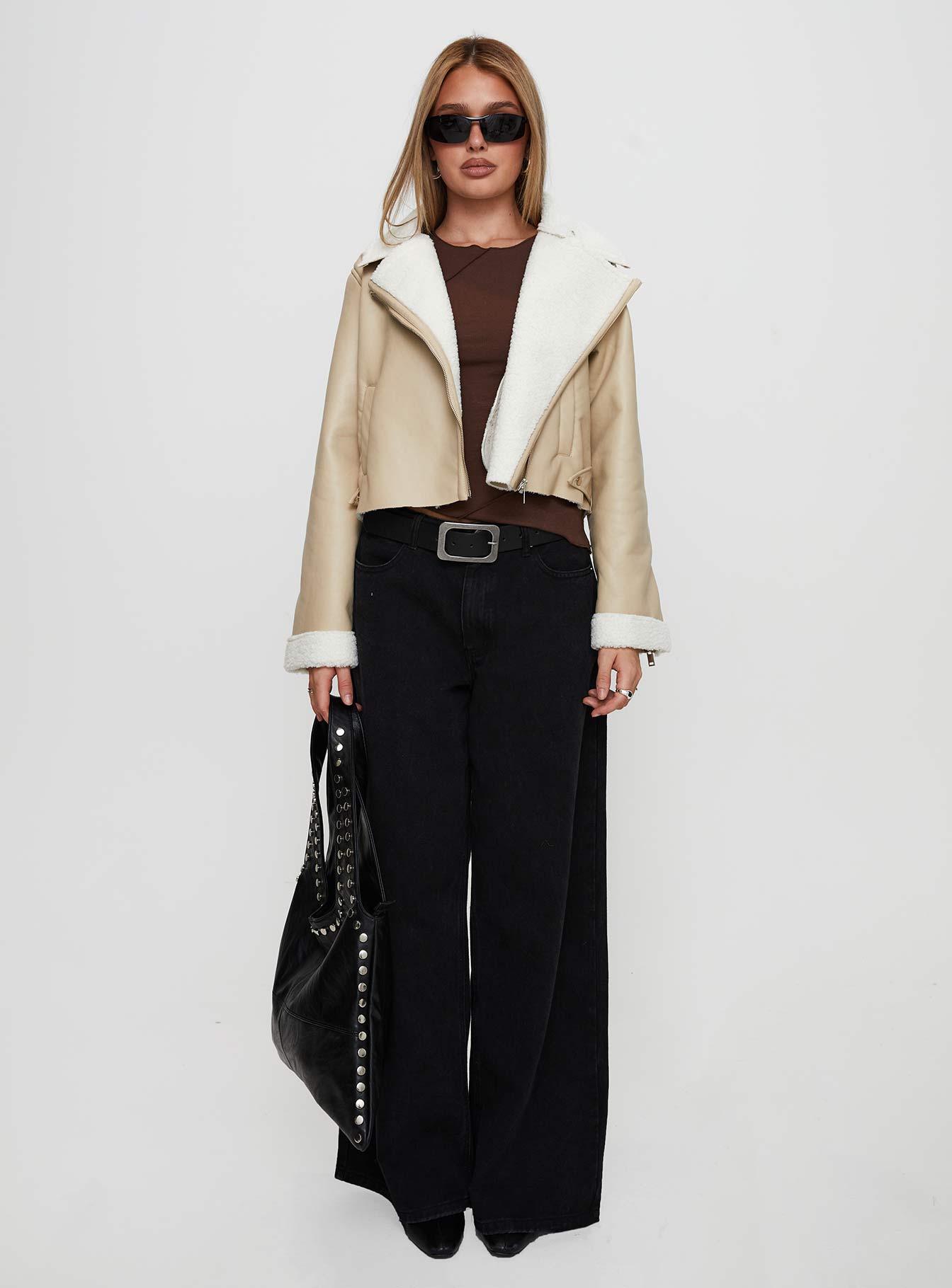 Shearling Trim Faux Leather Jacket Beige - Image 6