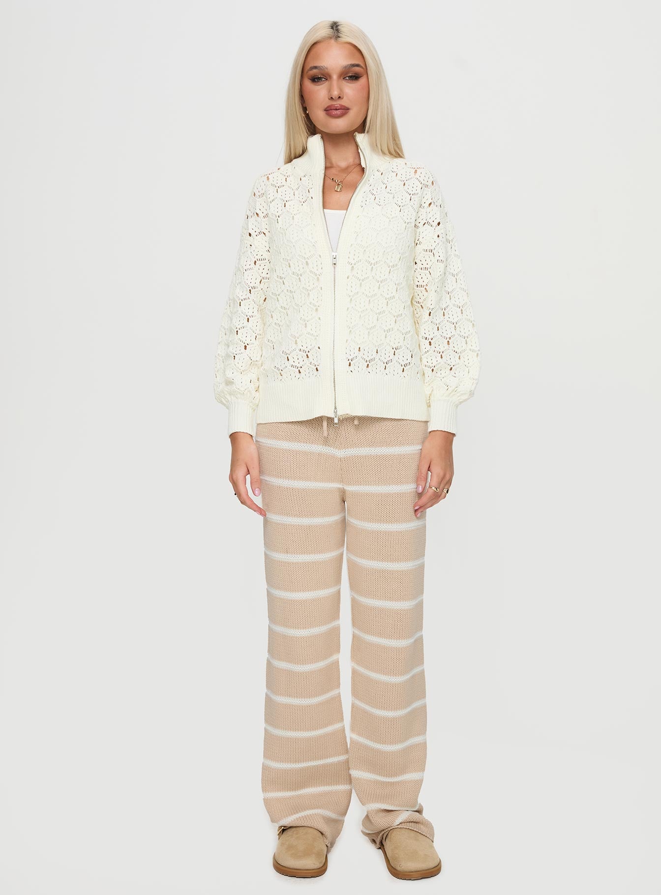 Sirena Zip Through Knit Sweater Cream - Image 7