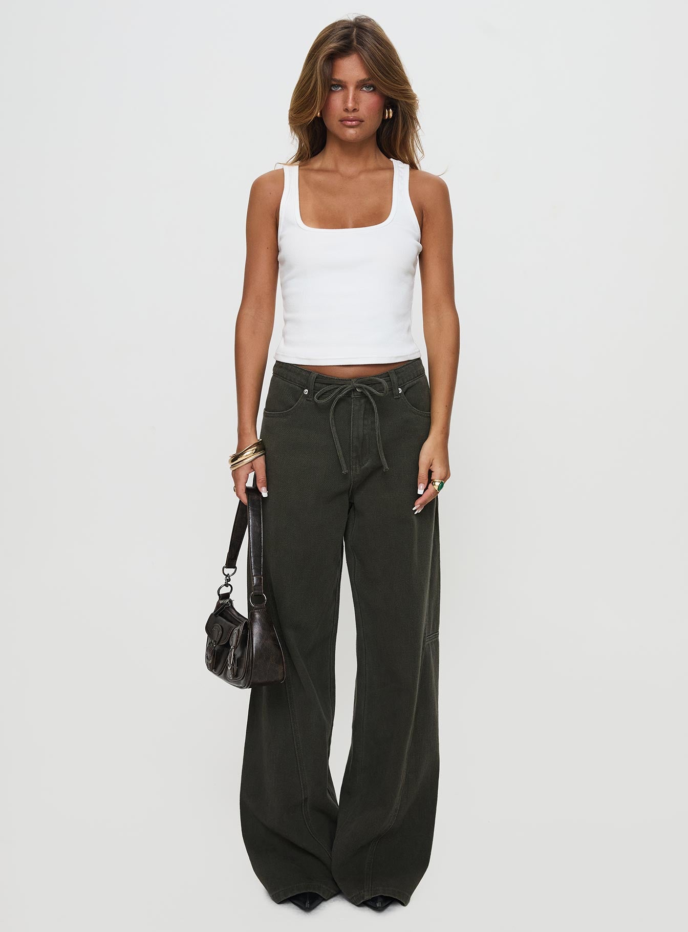 Bruiser Tie Waist Mid Rise Wide Leg Jeans Green - Image 7