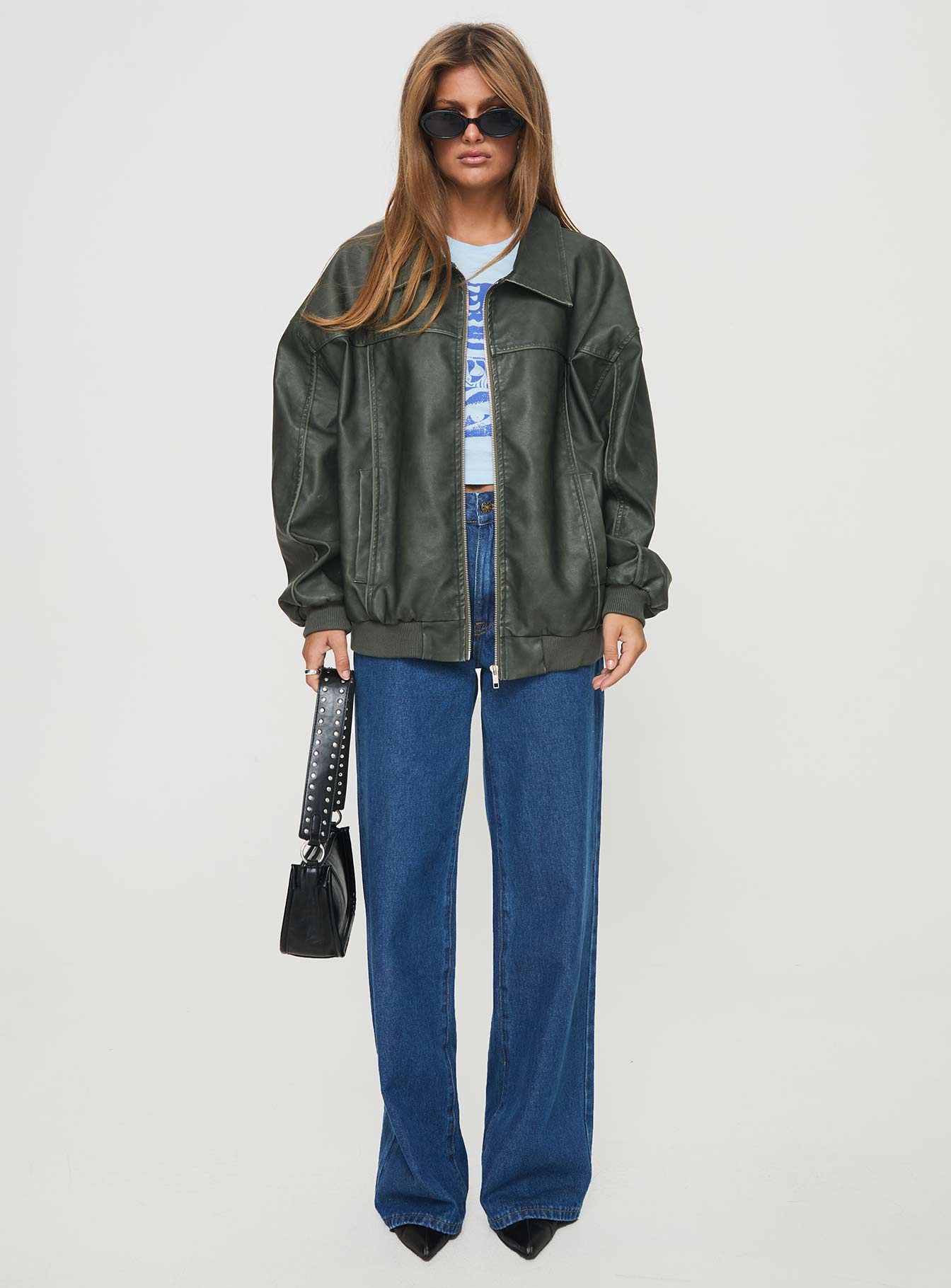 Goldsmith Faux Leather Bomber Jacket Washed Forest - Image 8