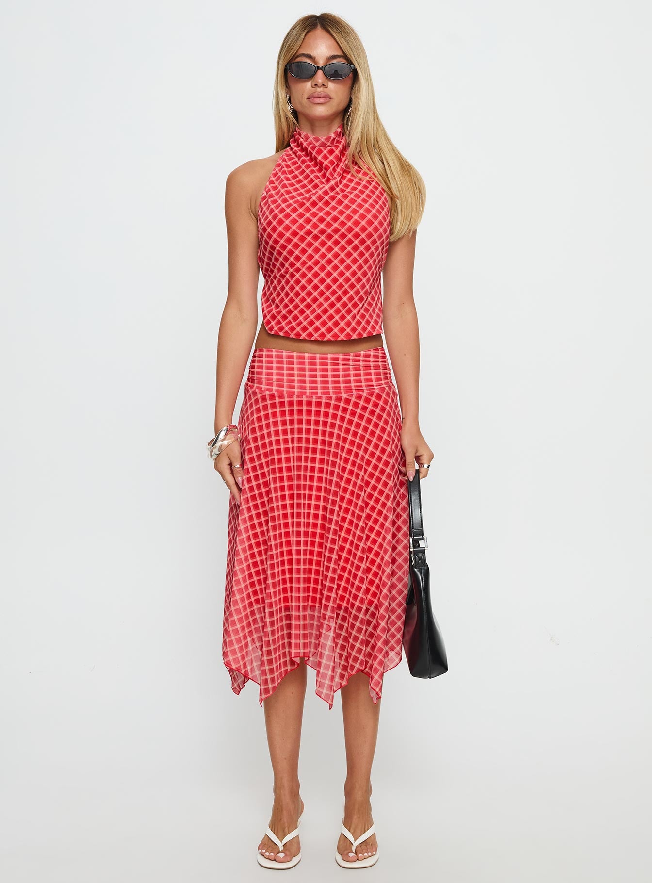 Scenic Route Asymmetrical Midi Skirt Red Check - Image 7
