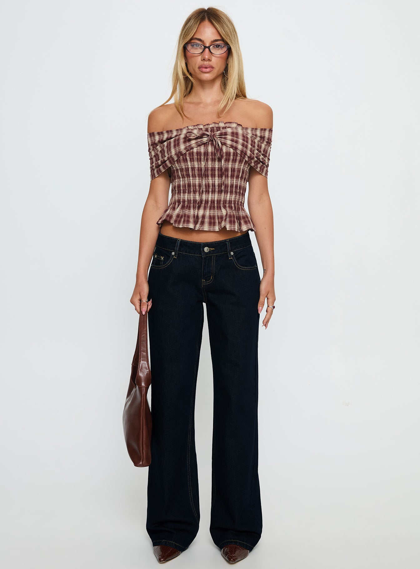 Avalynn Off Shoulder Shirred Top Brown Check - Image 7