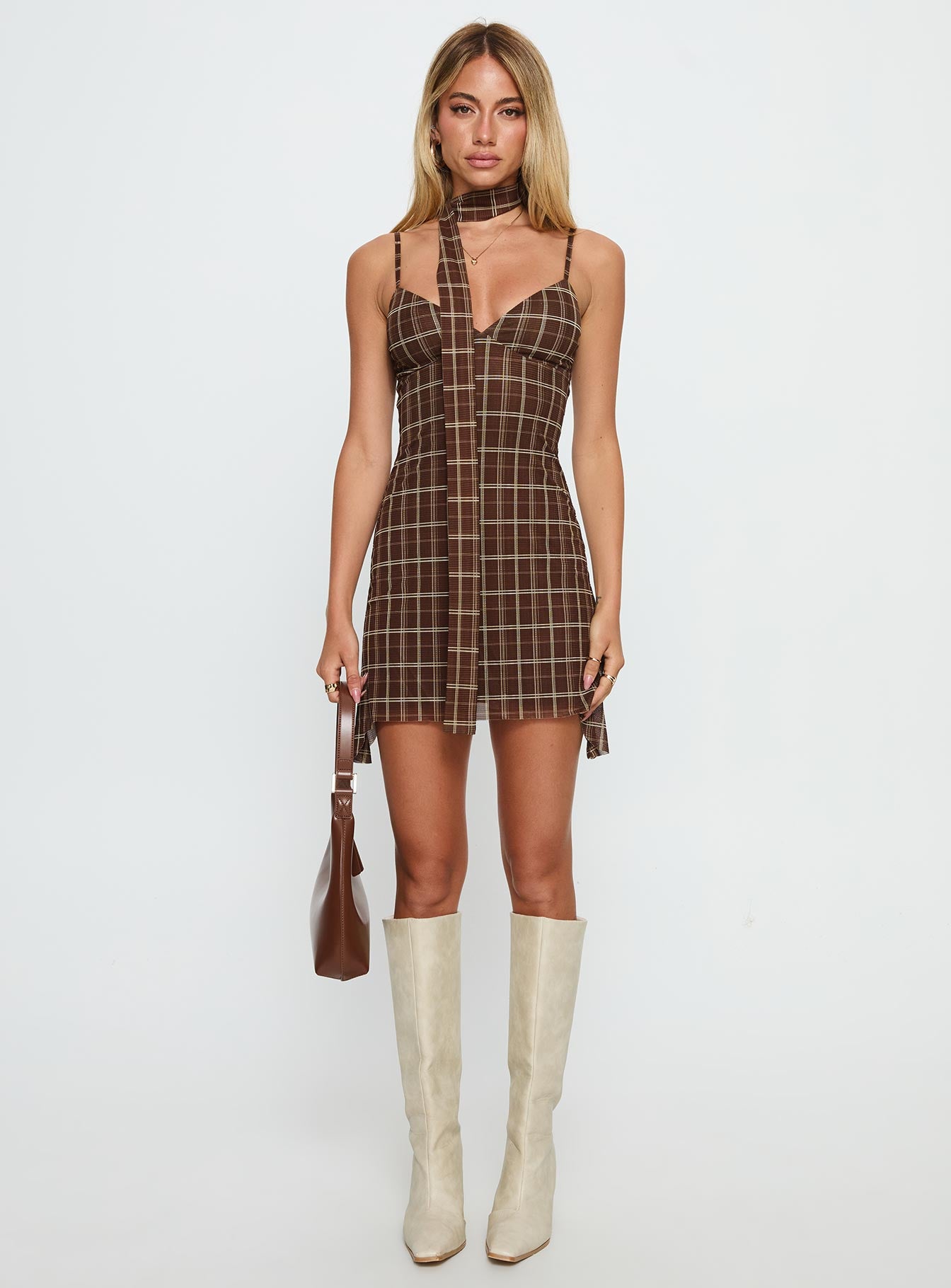 Love Unknown Scarf Tie Mini Dress Brown Check - Image 7