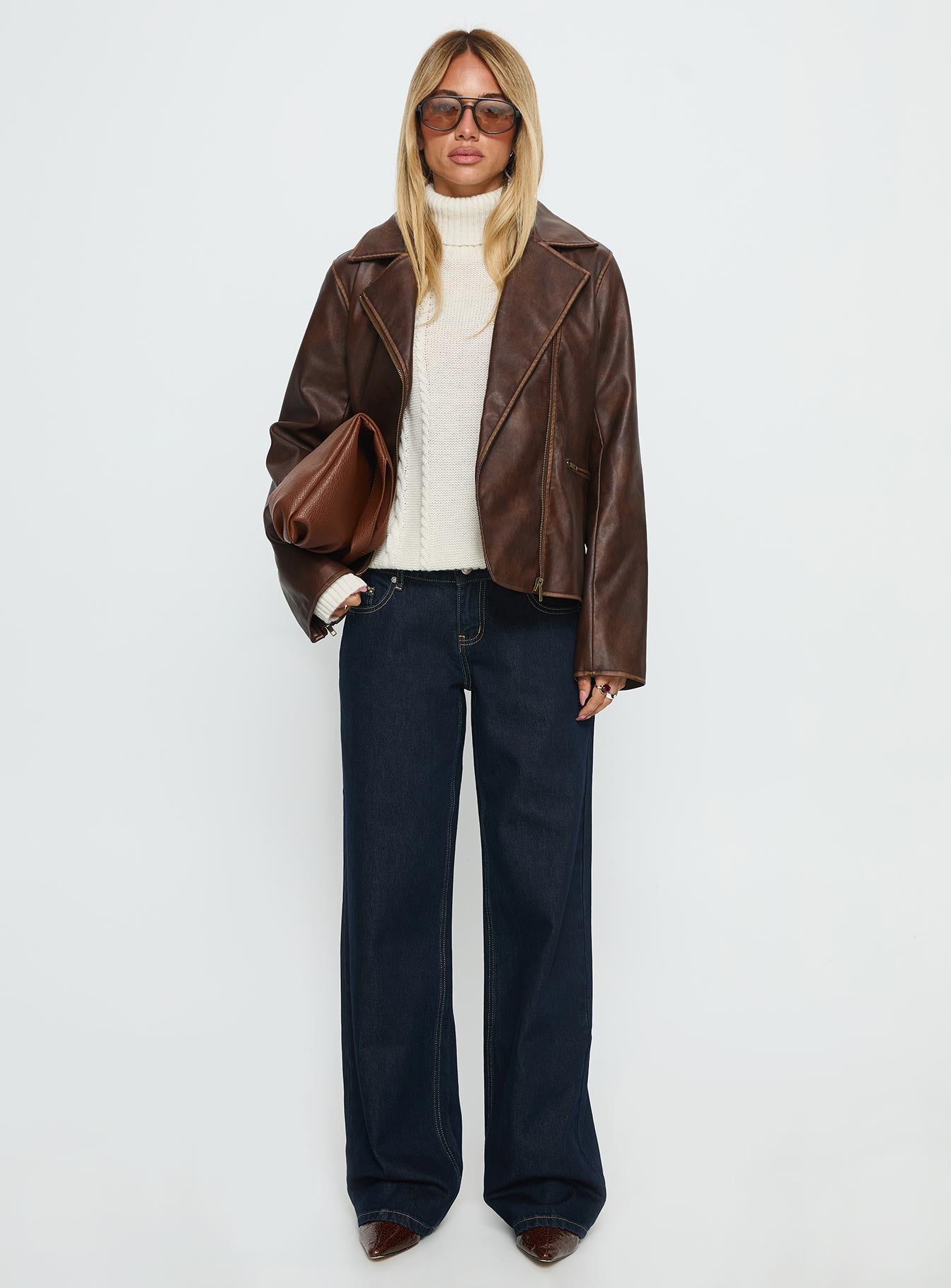 Vyolette Faux Leather Collared Jacket Washed Brown - Image 7