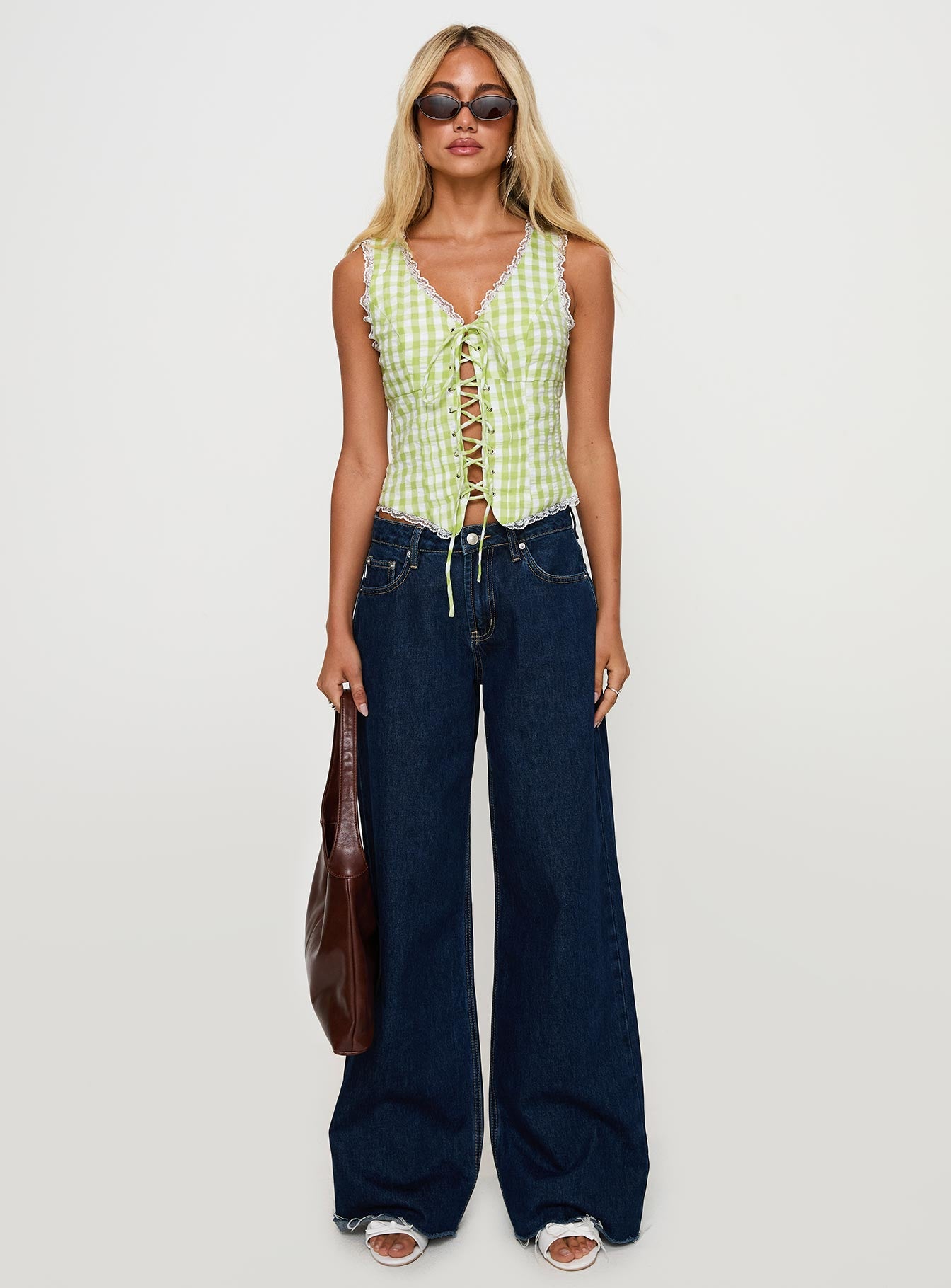 Wayland Tie Up Lace Trim Top Green Check - Image 7