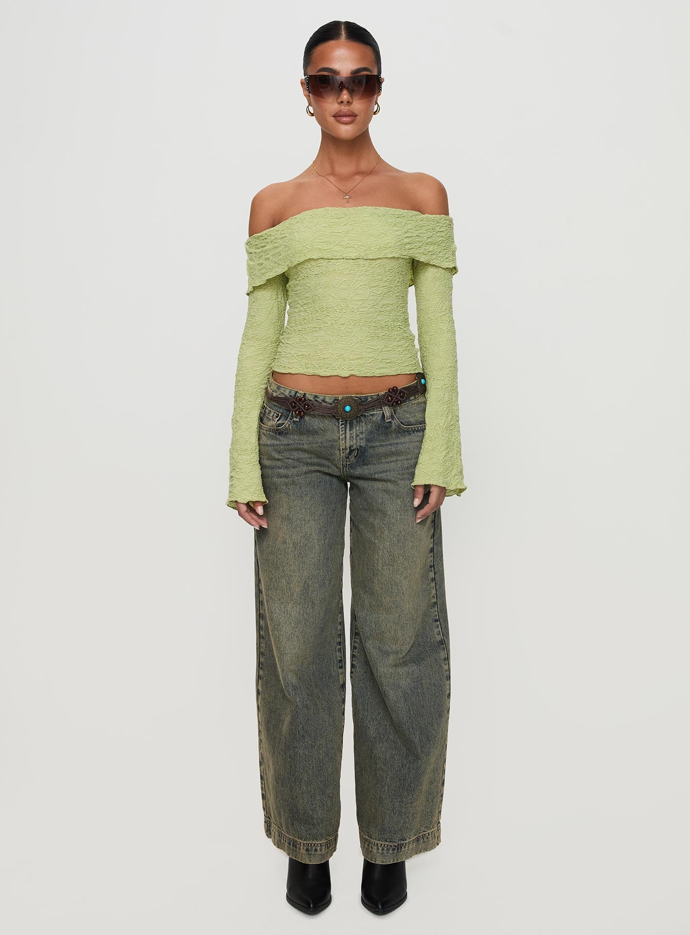 Back With Love Off Shoulder Long Sleeve Top Green - Image 7