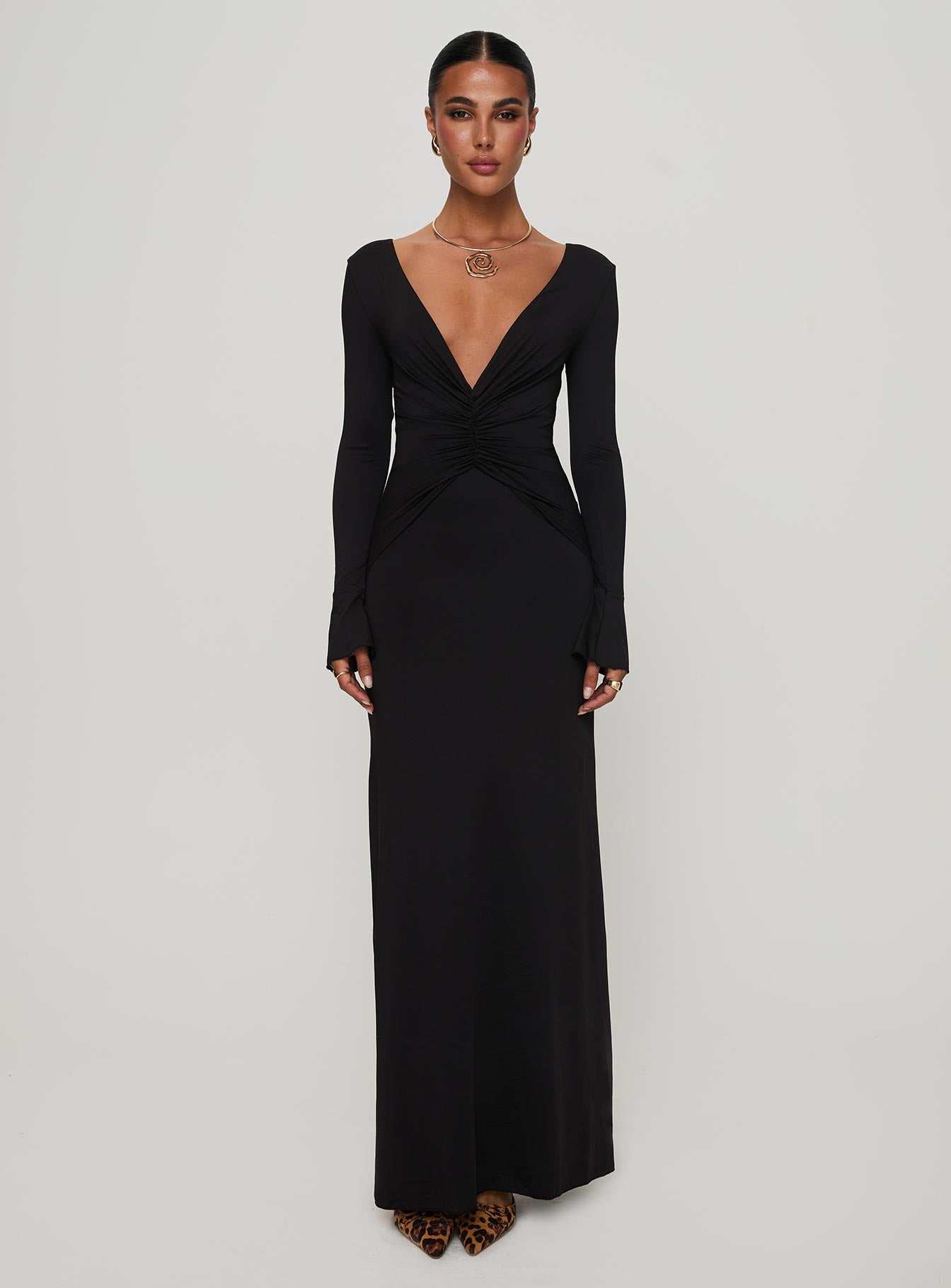 Lezure Plunge Long Sleeve Maxi Dress Black - Image 7