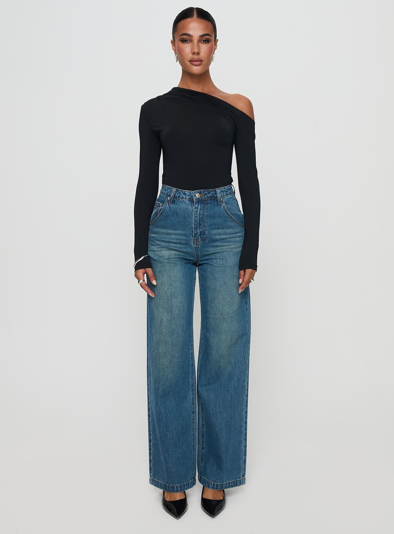 Hustler High Rise Straight Leg Denim Jean Washed Blue - Image 6