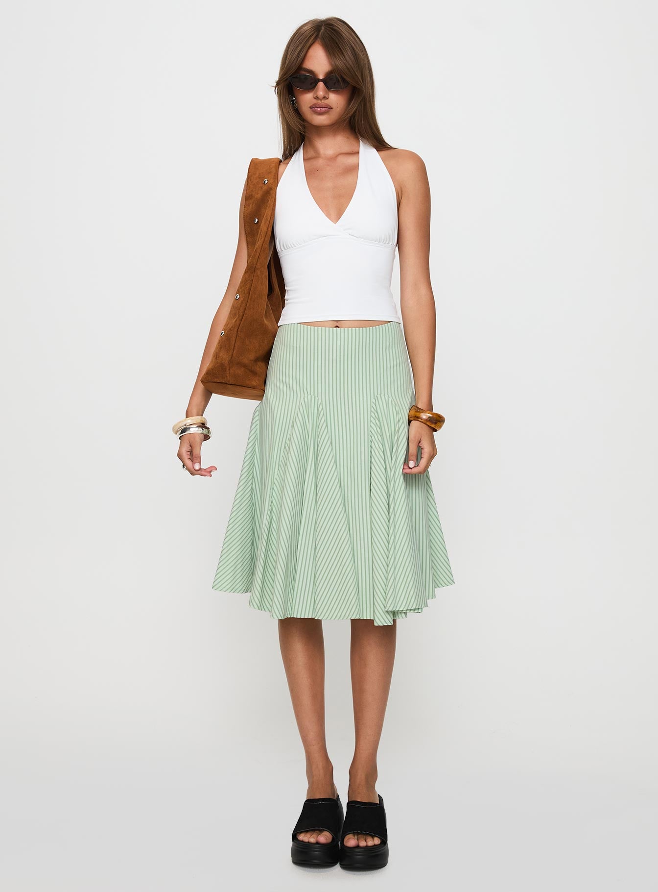 Evangaleine Pleat Midi Skirt Green / White - Image 7
