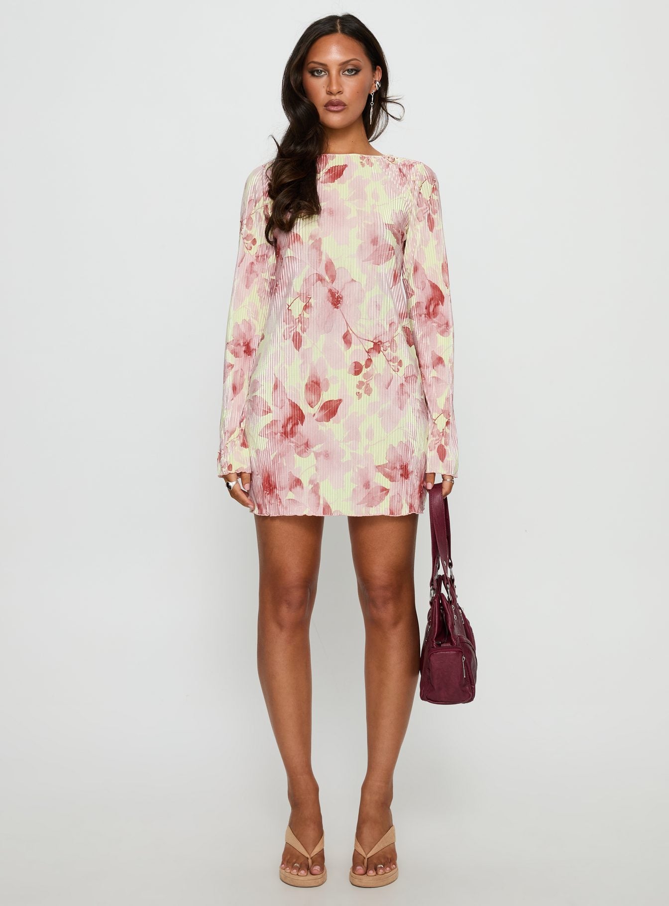 Odelie Long Sleeve Plisse Mini Dress Multi Floral - Image 6
