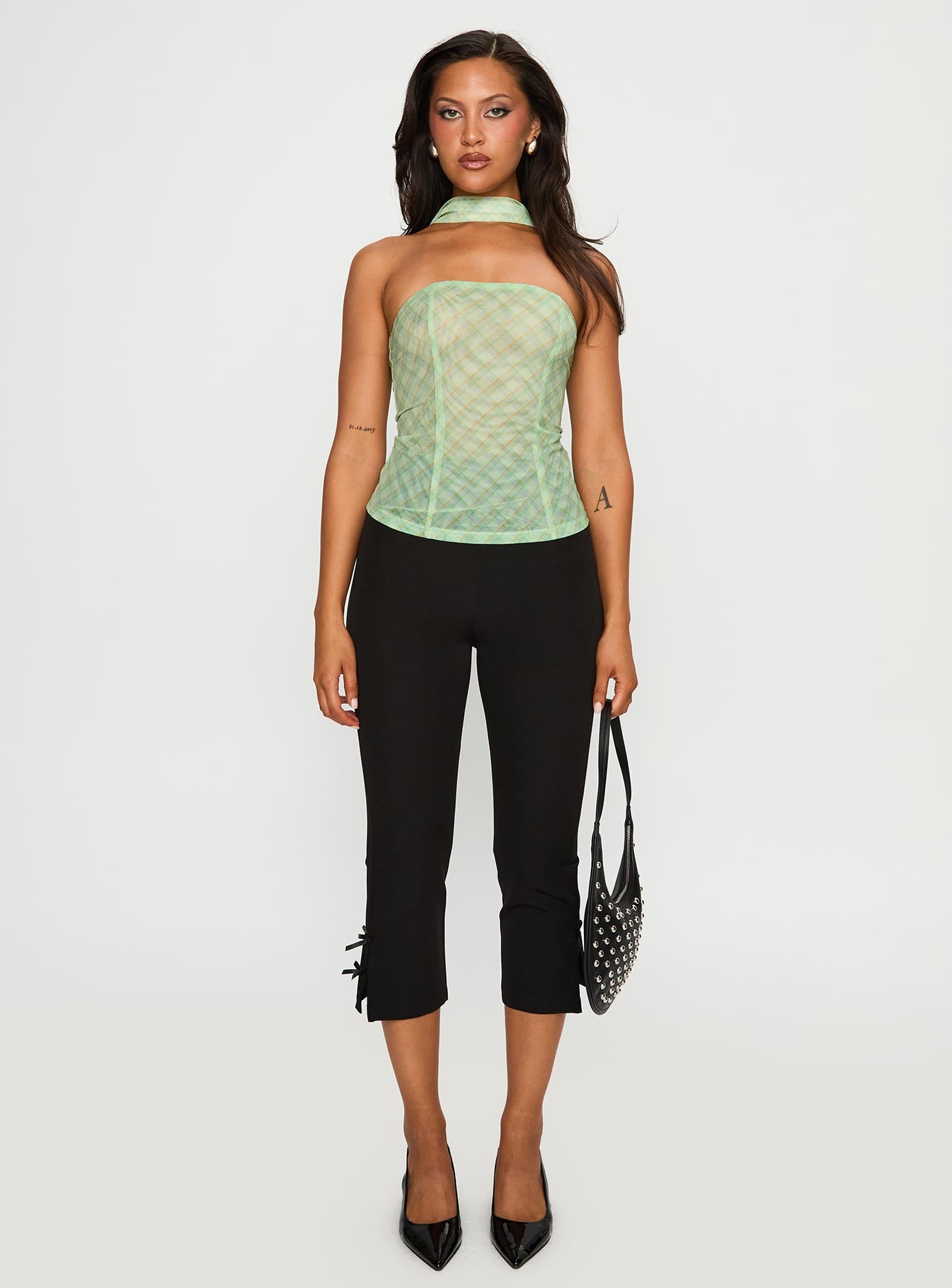 No Comparison Neck Tie Strapless Top Green Check - Image 7