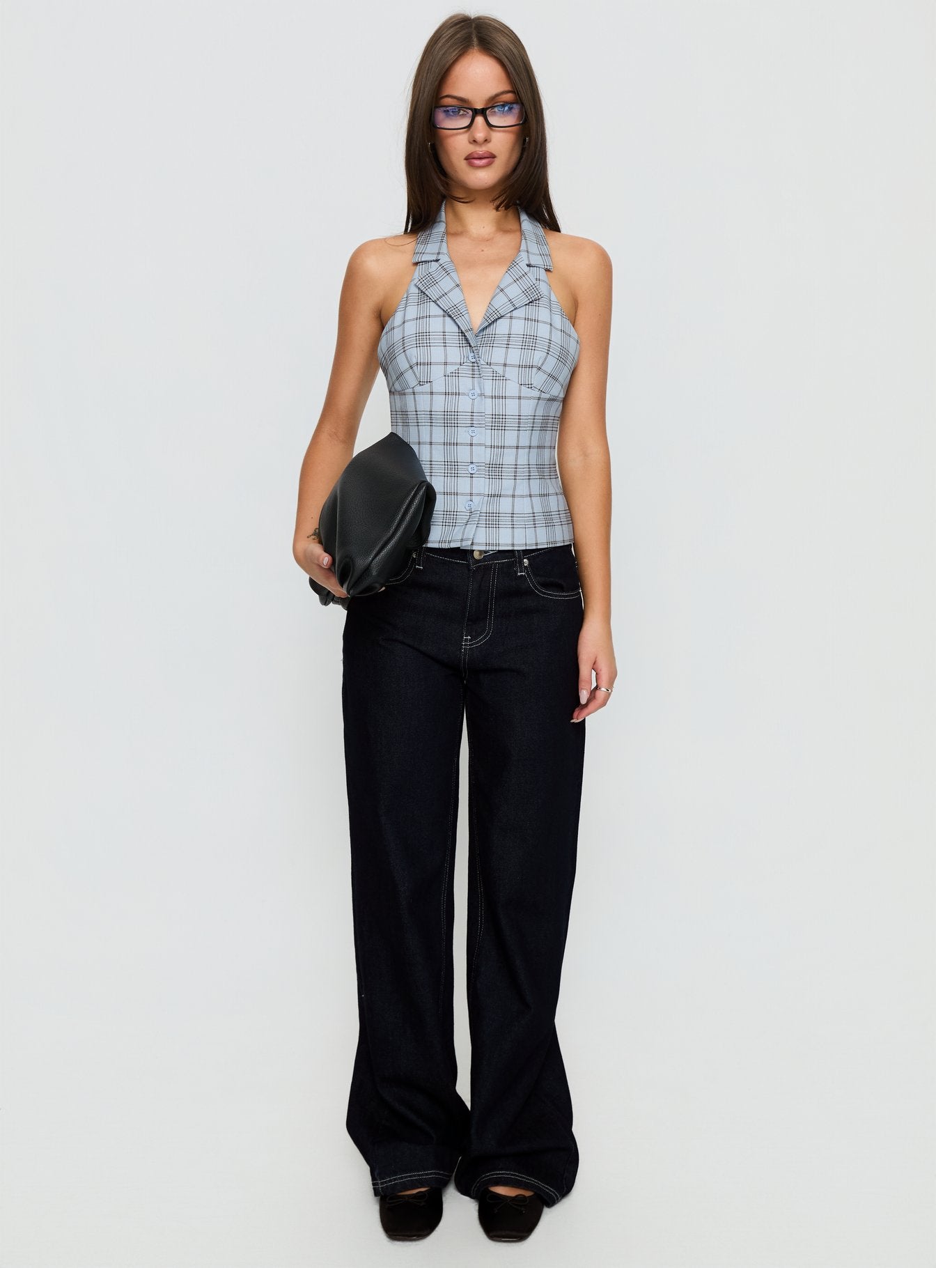 Lure Button Up Sleeveless Top Baby Blue Plaid - Image 7