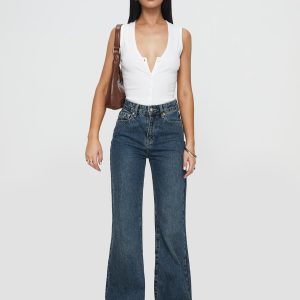Florida Keys Mid Rise Straight Leg Cuffed Jeans Mid Blue