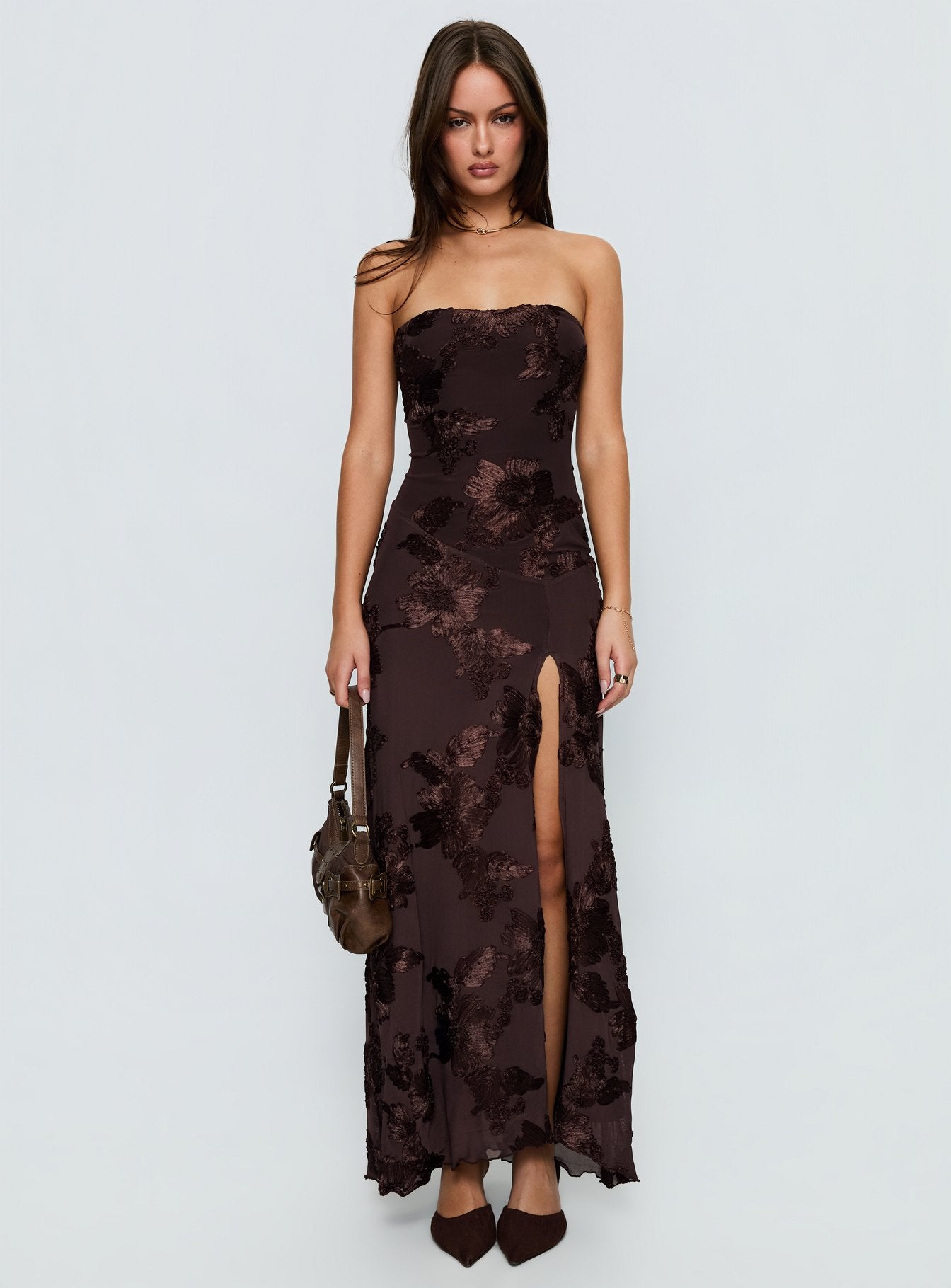 Maribeth Strapless Floral Maxi Dress Chocolate Brown - Image 7