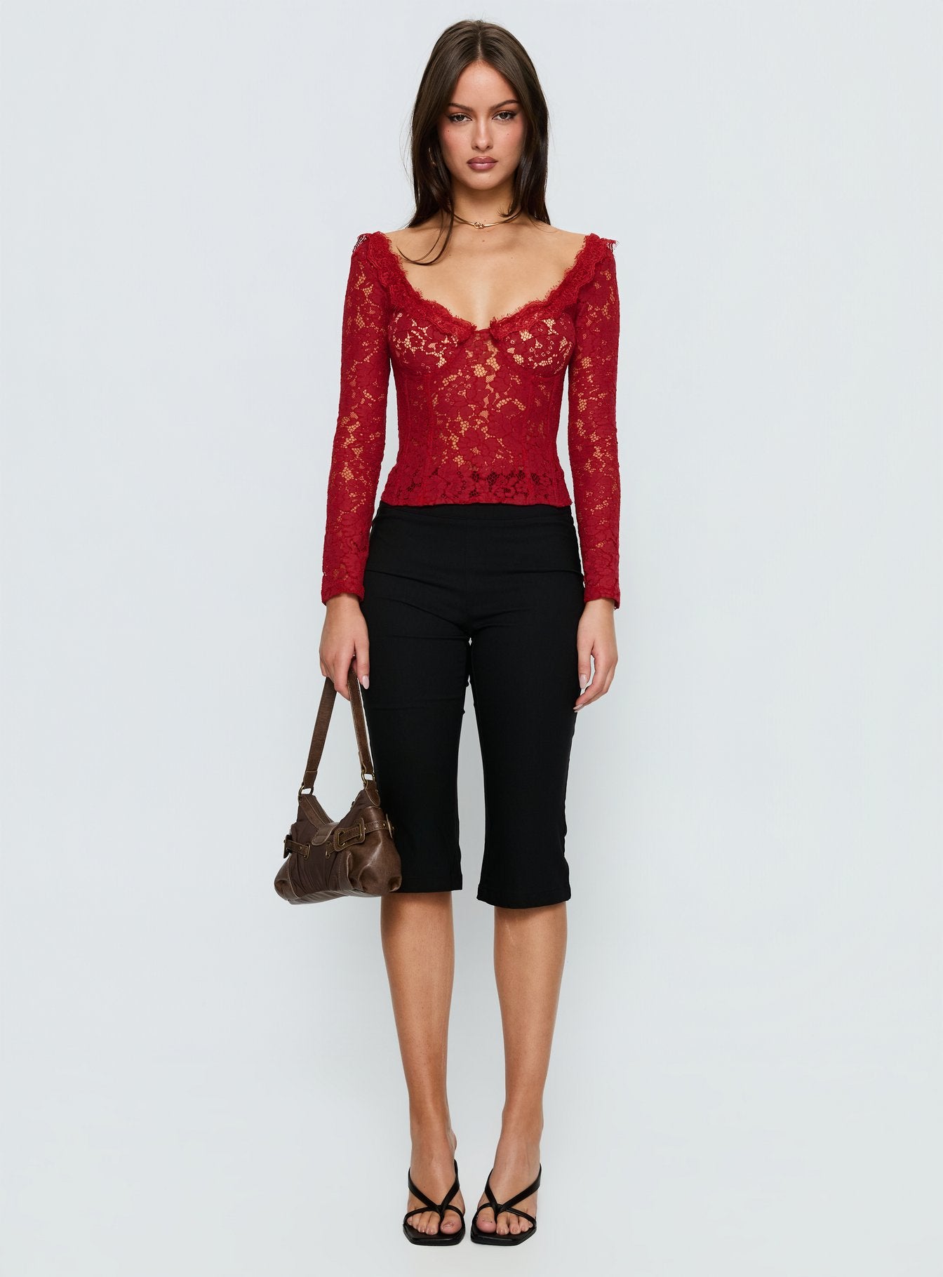 Miquela Long Sleeve Corset Lace Top Red - Image 7