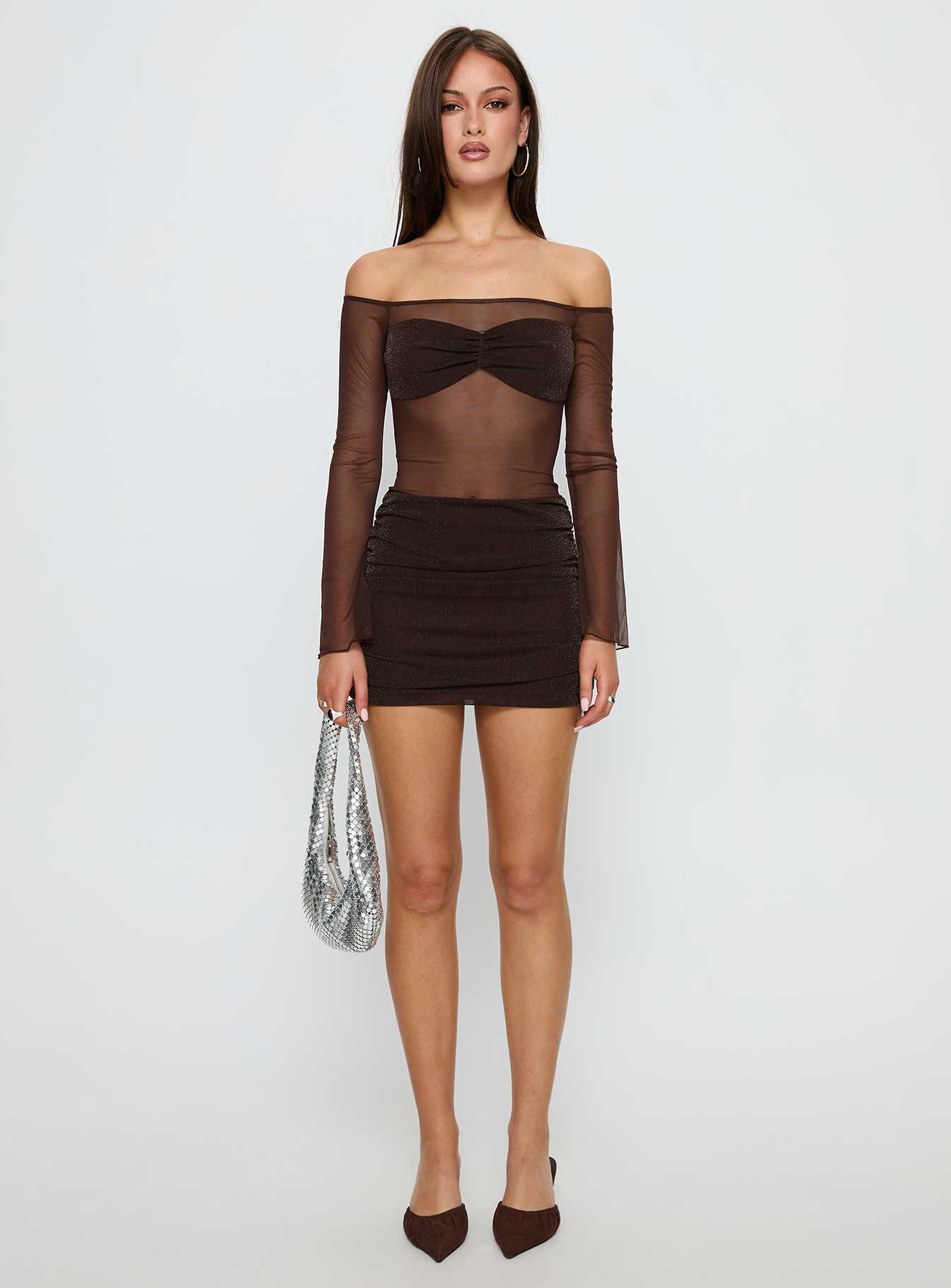 Briseida Mesh Long Sleeve Mini Dress Chocolate - Image 6