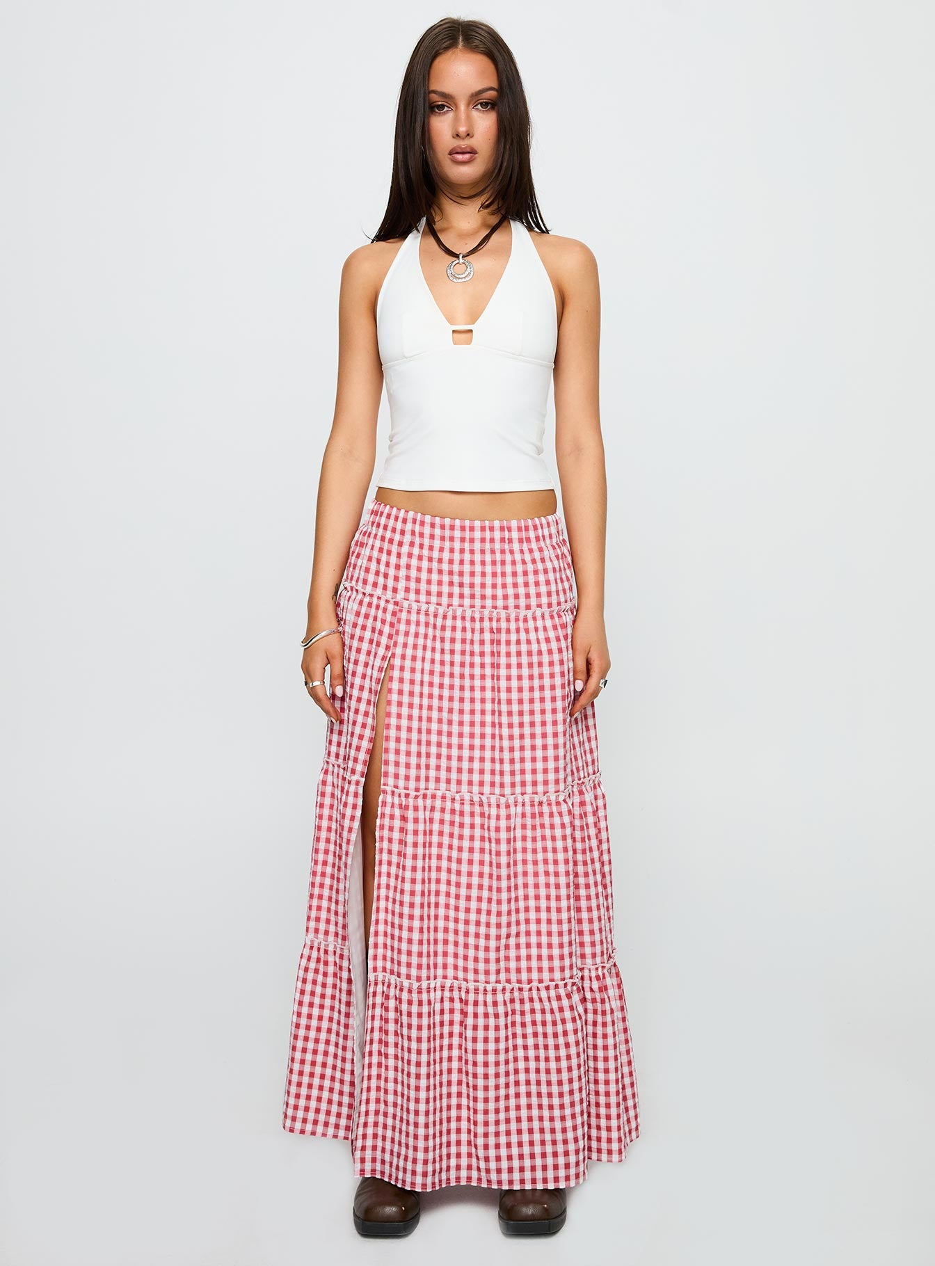 Ilaina Tiered Maxi Skirt Red Check - Image 6