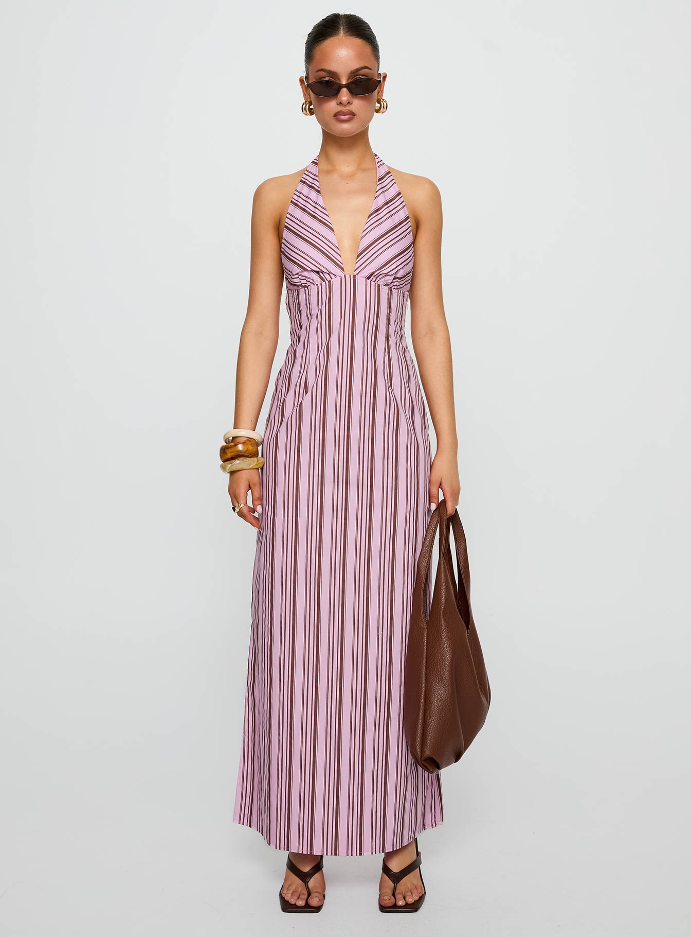 Avrie Halter Maxi Dress Pink / Brown Stripe - Image 7