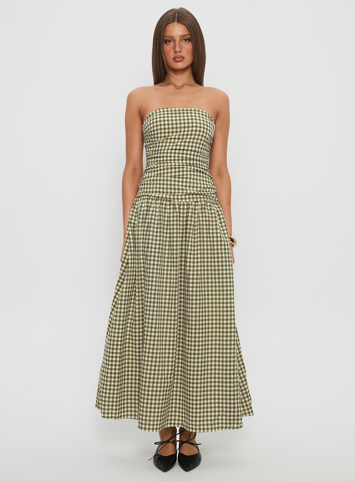 Frankey Strapless Drop Waist Maxi Dress Green Check - Image 7