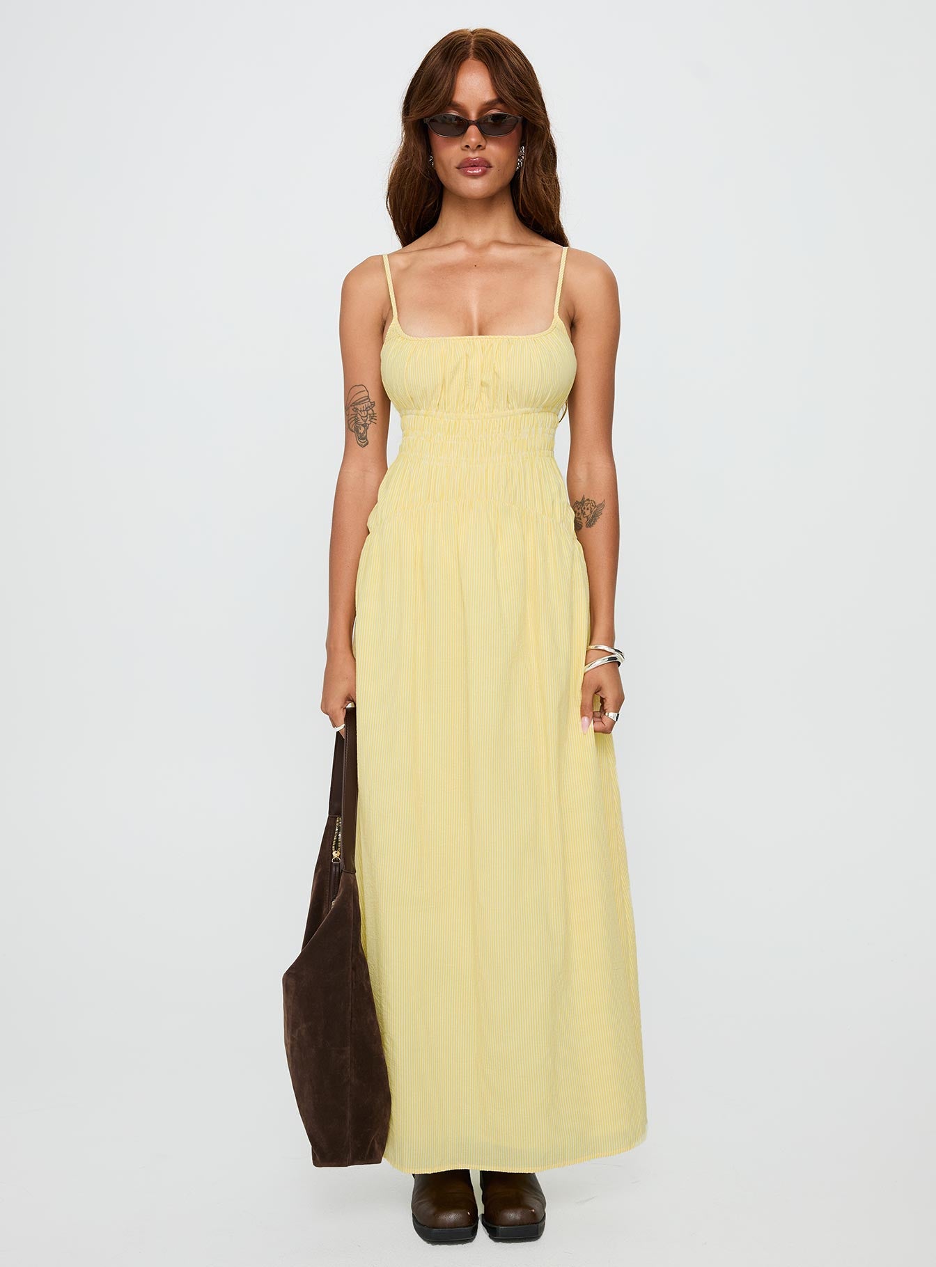 Magnolie Shirred Maxi Dress Yellow Stripe - Image 7