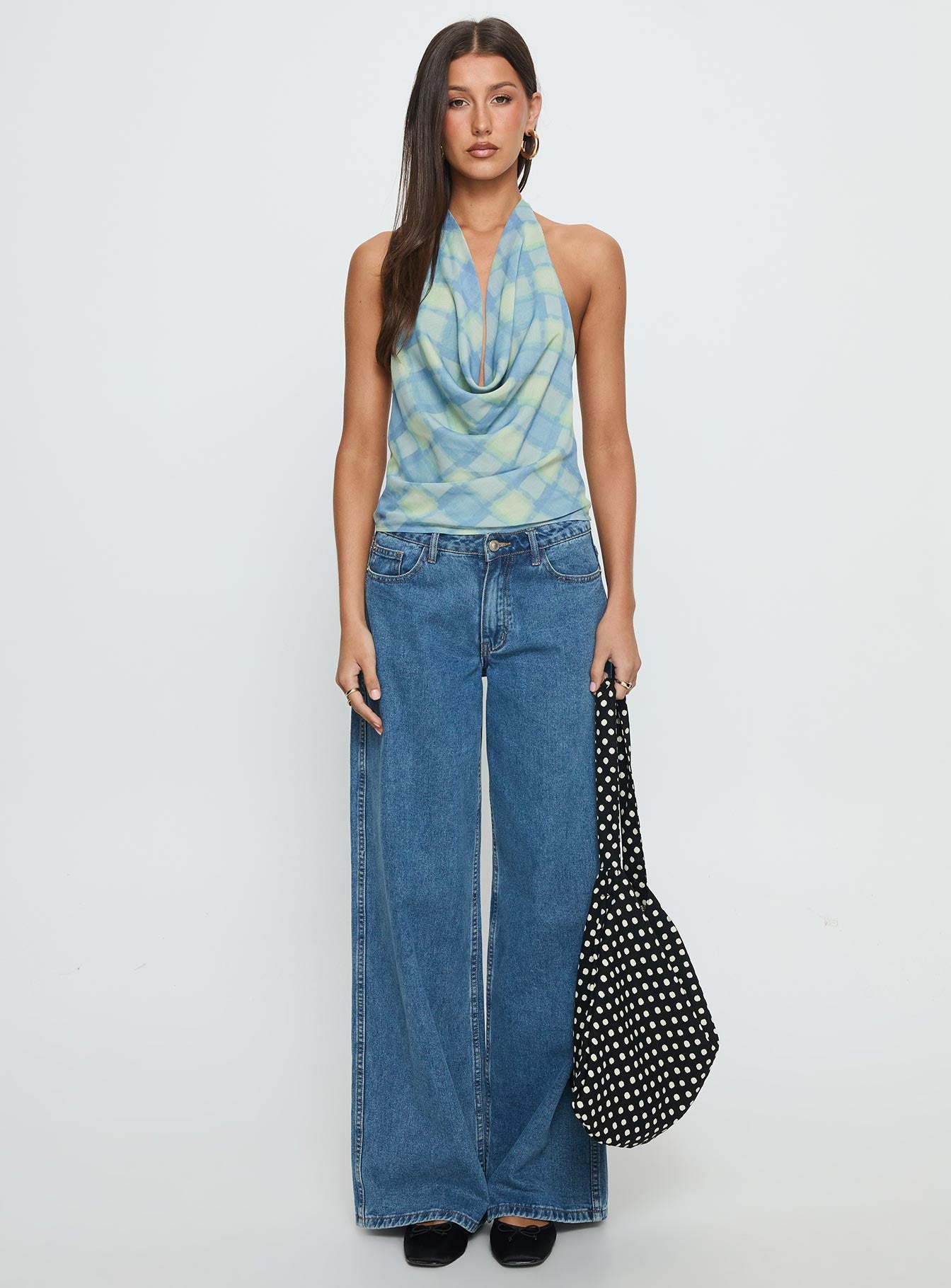 Karelyn Plunge Neck Top Teal Check - Image 7