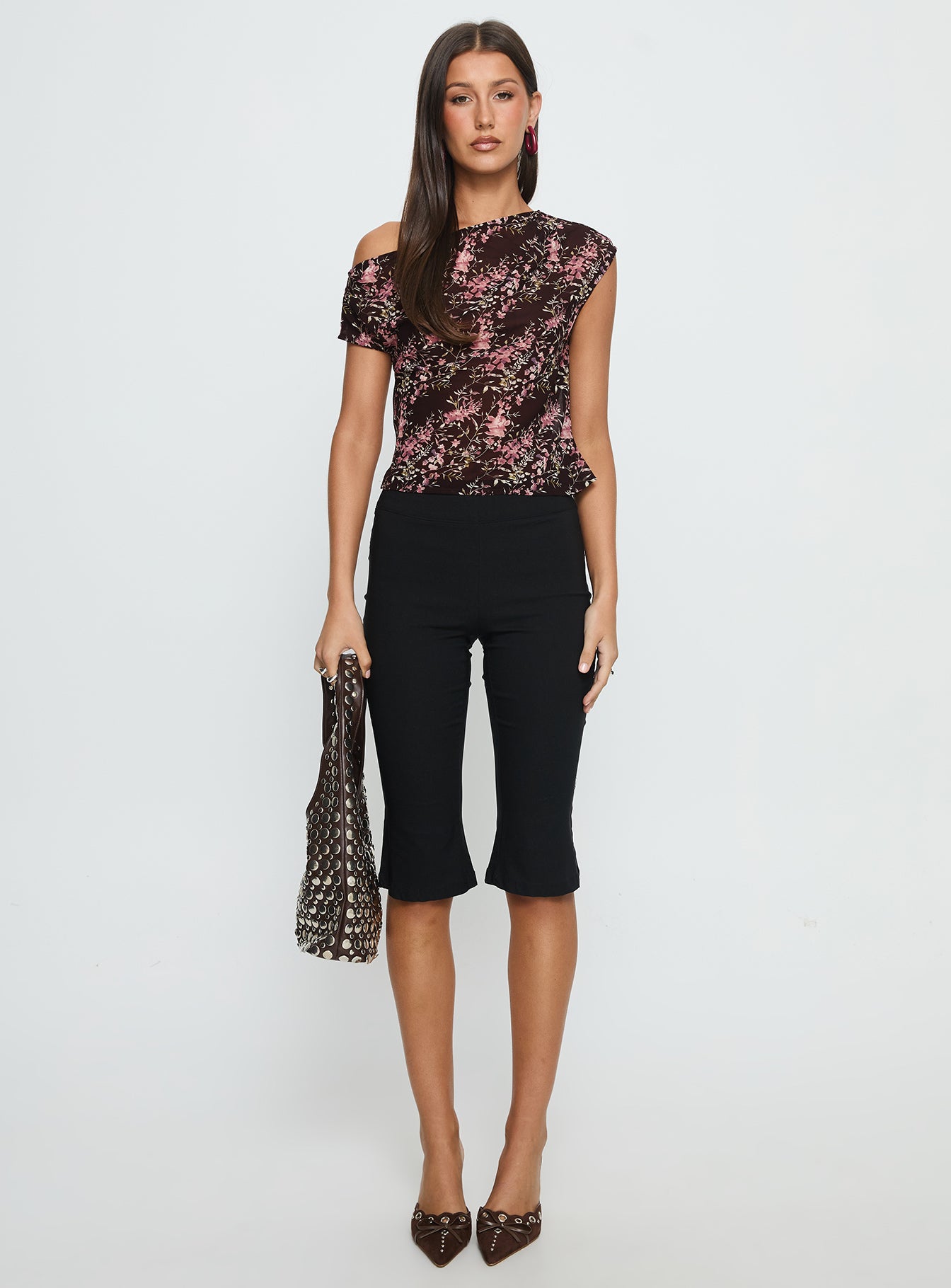 Justyna Sheer Top Off Shoulder Top Brown / Pink Floral - Image 6